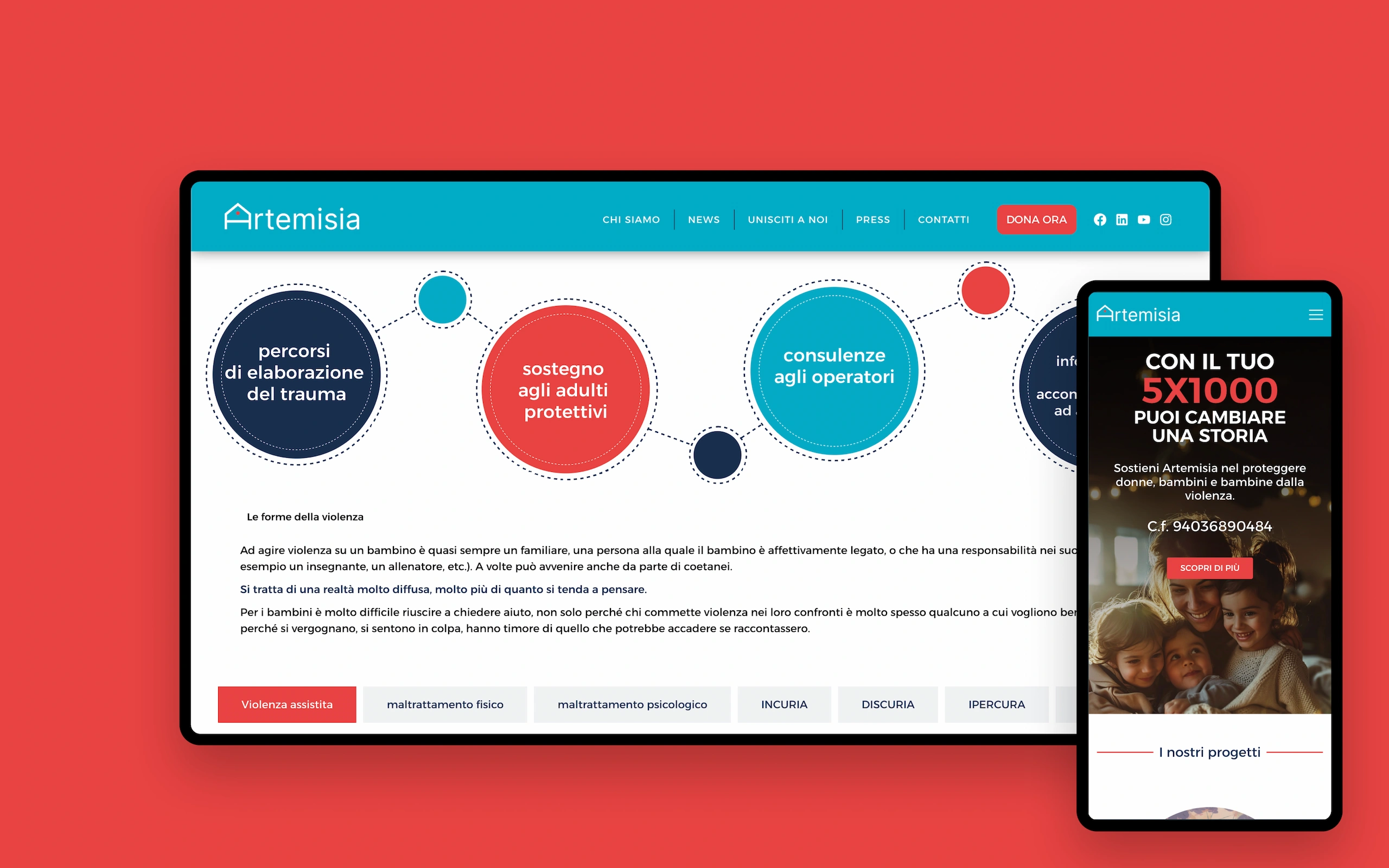 Sito web di Artemisia, centro antiviolenza di Firenze: schermate desktop e mobile affiancate, con il diagramma a bolle dei servizi e la campagna 5x1000