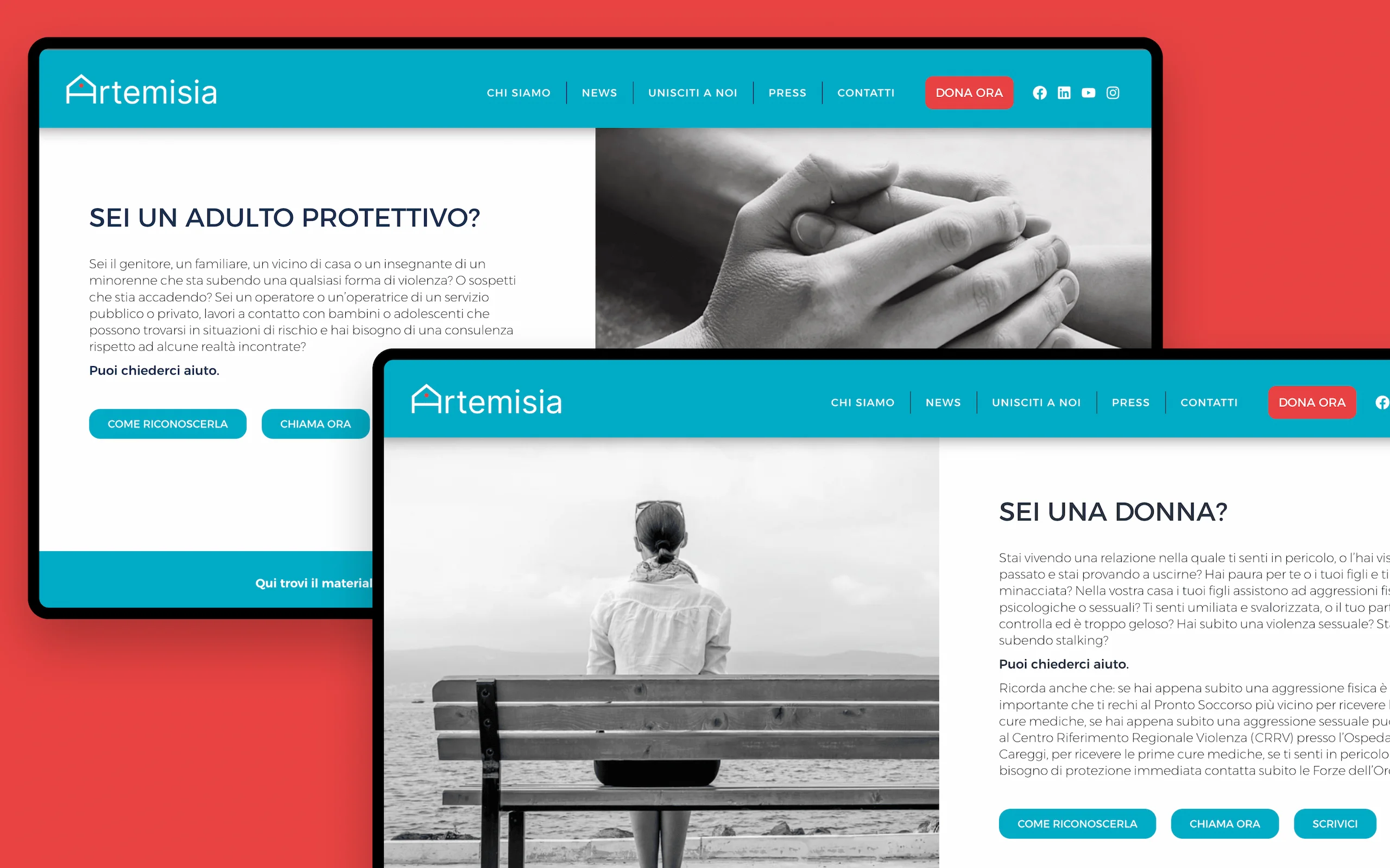 Sito web di Artemisia, centro antiviolenza di Firenze: due schermate desktop sovrapposte, le pagine «Sei un adulto protettivo?» e «Sei una donna?»