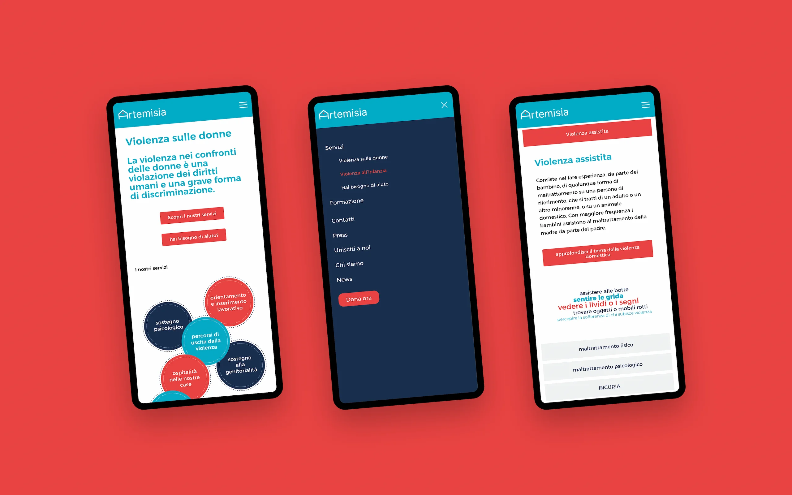 Sito web di Artemisia, centro antiviolenza di Firenze: tre schermate da telefono — i servizi disposti a bolle colorate, il menu di navigazione aperto e la scheda sulla violenza assistita