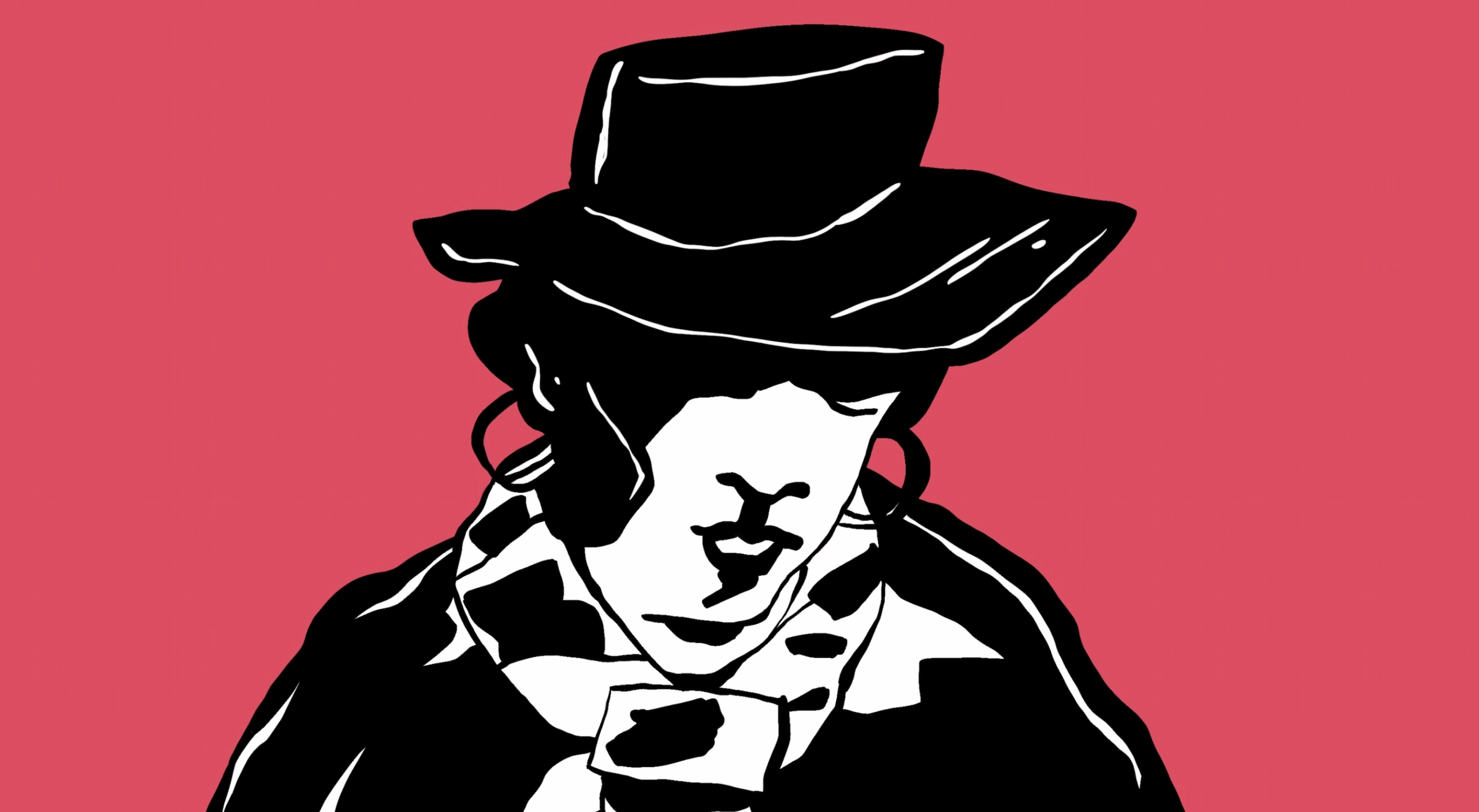 Illustrazione di copertina per «Polvere» dei Golfo Mistico: una figura con cappello a tesa larga, orecchini a cerchio e sciarpa, a contrasto netto di bianco e nero su fondo rosa