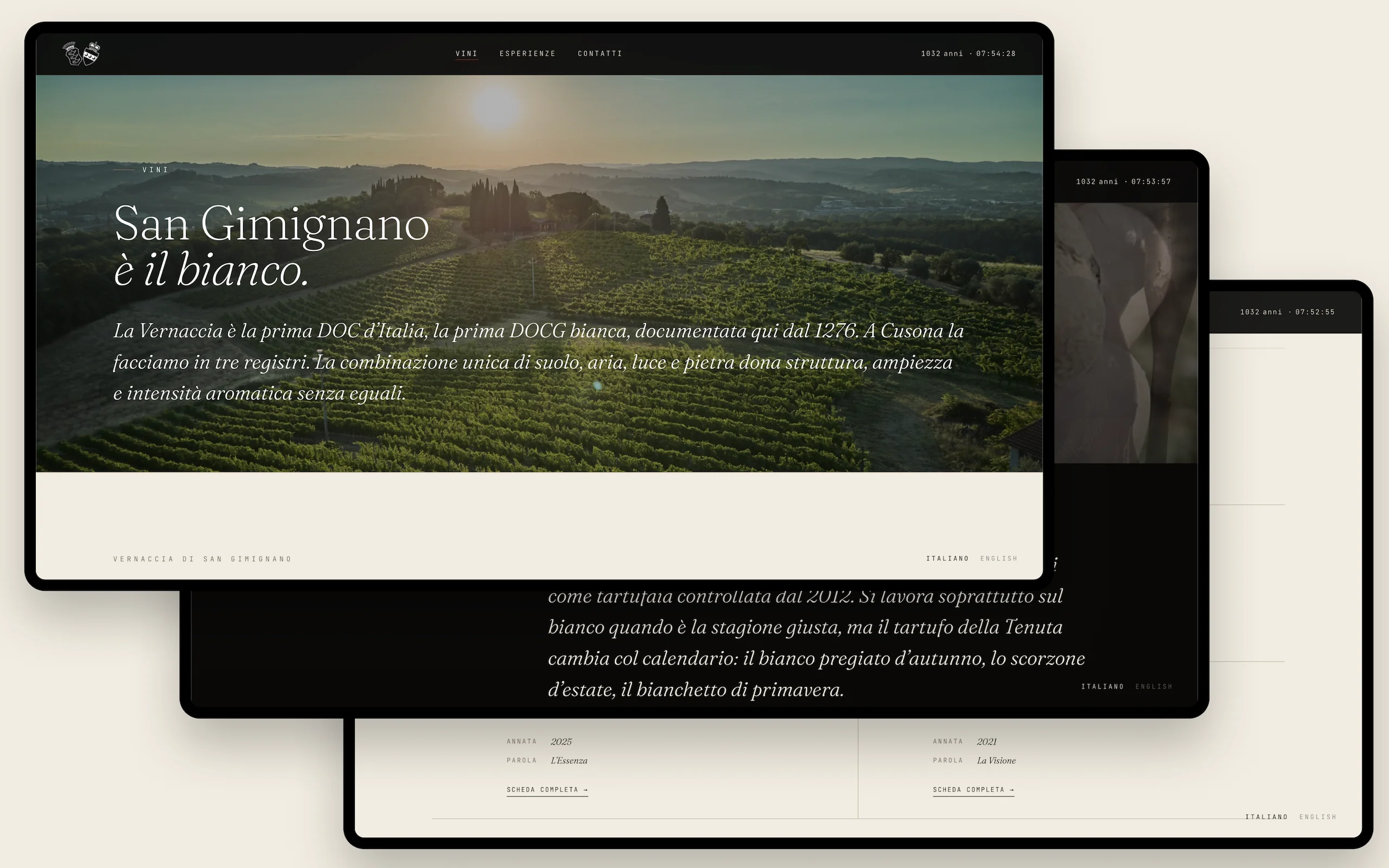 Sito web di Guicciardini Strozzi, Tenuta di Cusona a San Gimignano: la pagina «San Gimignano è il bianco», dedicata alla Vernaccia come prima DOC d’Italia, accanto alle schermate sui tartufi della tenuta e sulle annate