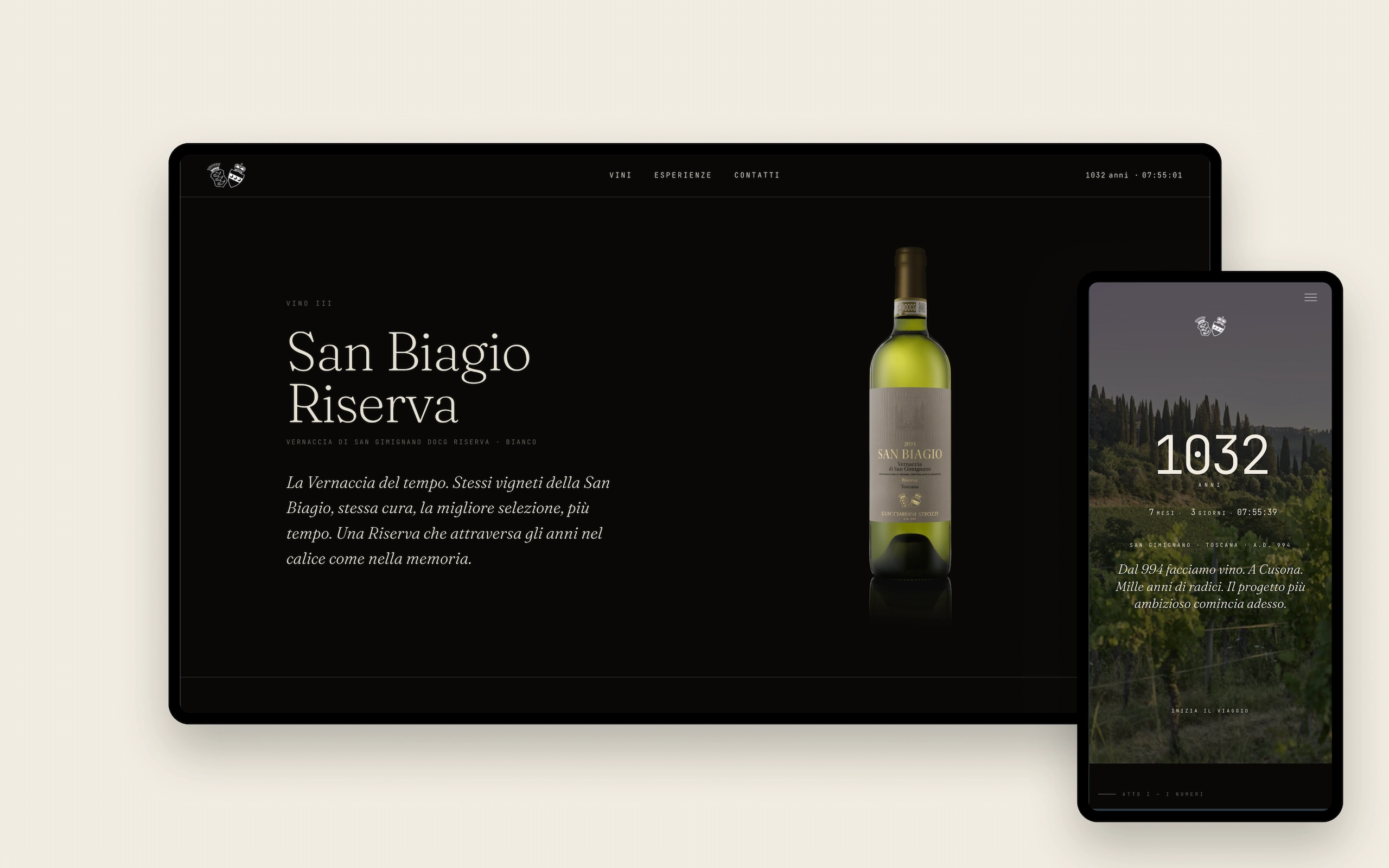 Sito web di Guicciardini Strozzi, Tenuta di Cusona a San Gimignano: la scheda del San Biagio Riserva su desktop, accanto alla schermata mobile con il contatore «1032 anni» e la frase «Dal 994 facciamo vino. A Cusona»