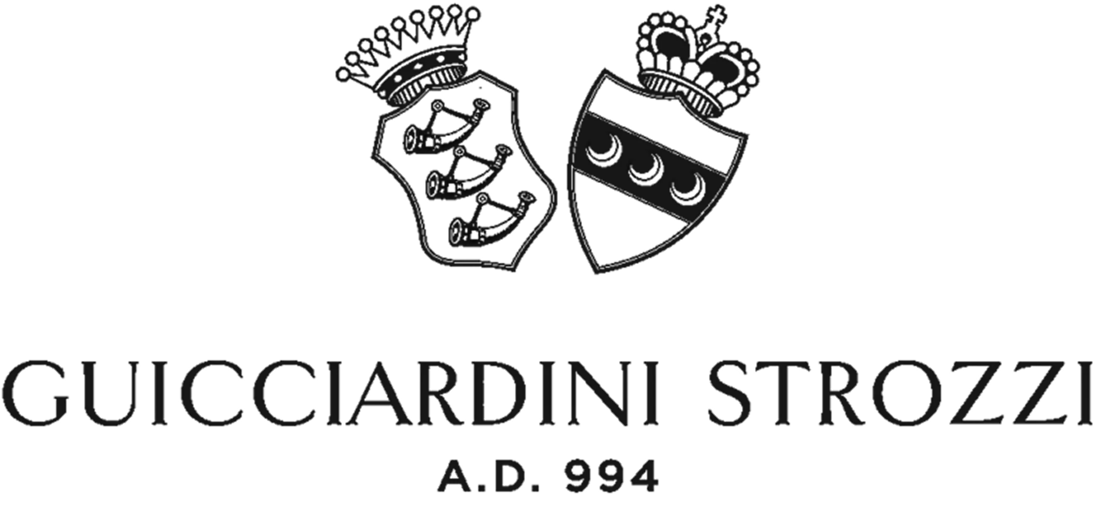 Logo di Guicciardini Strozzi: i due stemmi di famiglia affiancati e coronati — i corni da caccia dei Guicciardini e le mezzelune degli Strozzi — sopra il nome e la dicitura «A.D. 994»