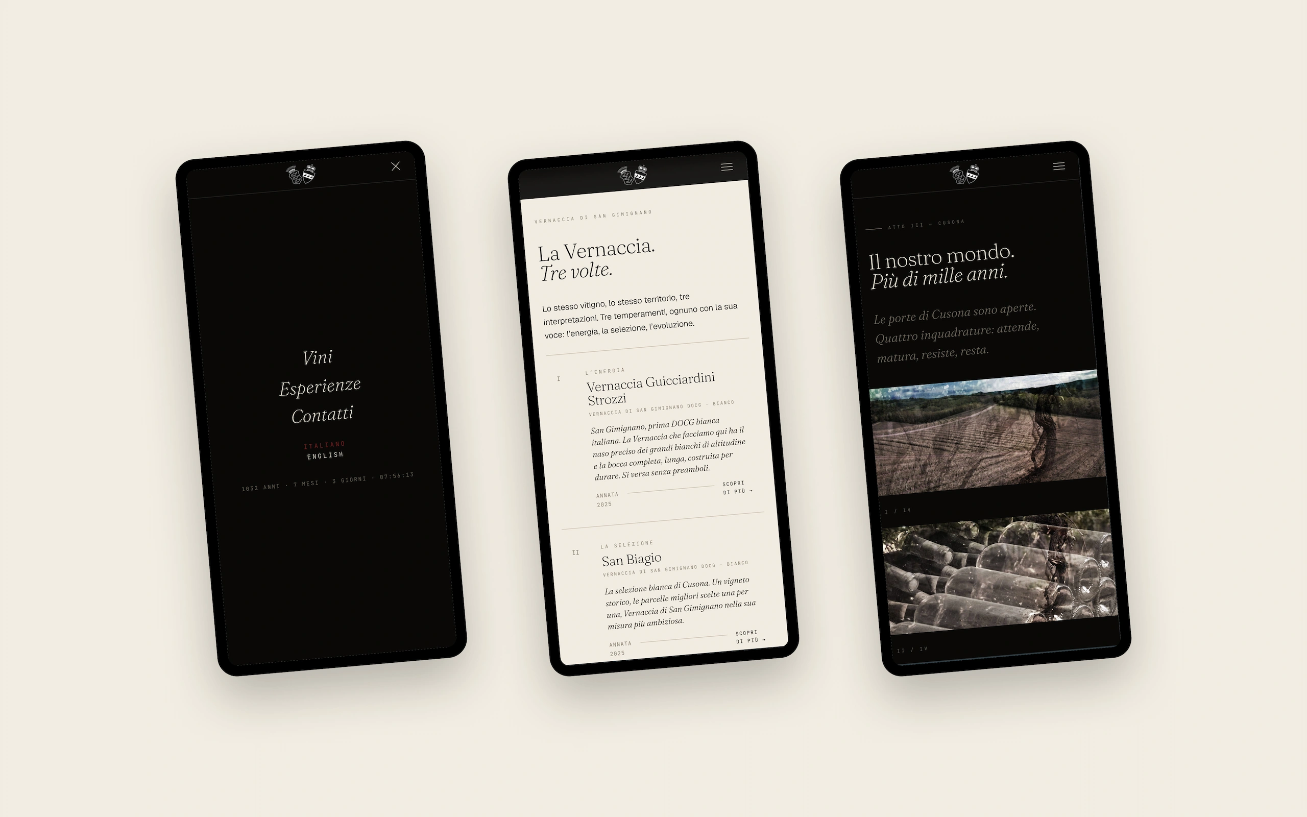 Sito web di Guicciardini Strozzi, Tenuta di Cusona a San Gimignano: tre schermate da telefono — il menu, la pagina «La Vernaccia. Tre volte.» con le tre interpretazioni e «Il nostro mondo. Più di mille anni»