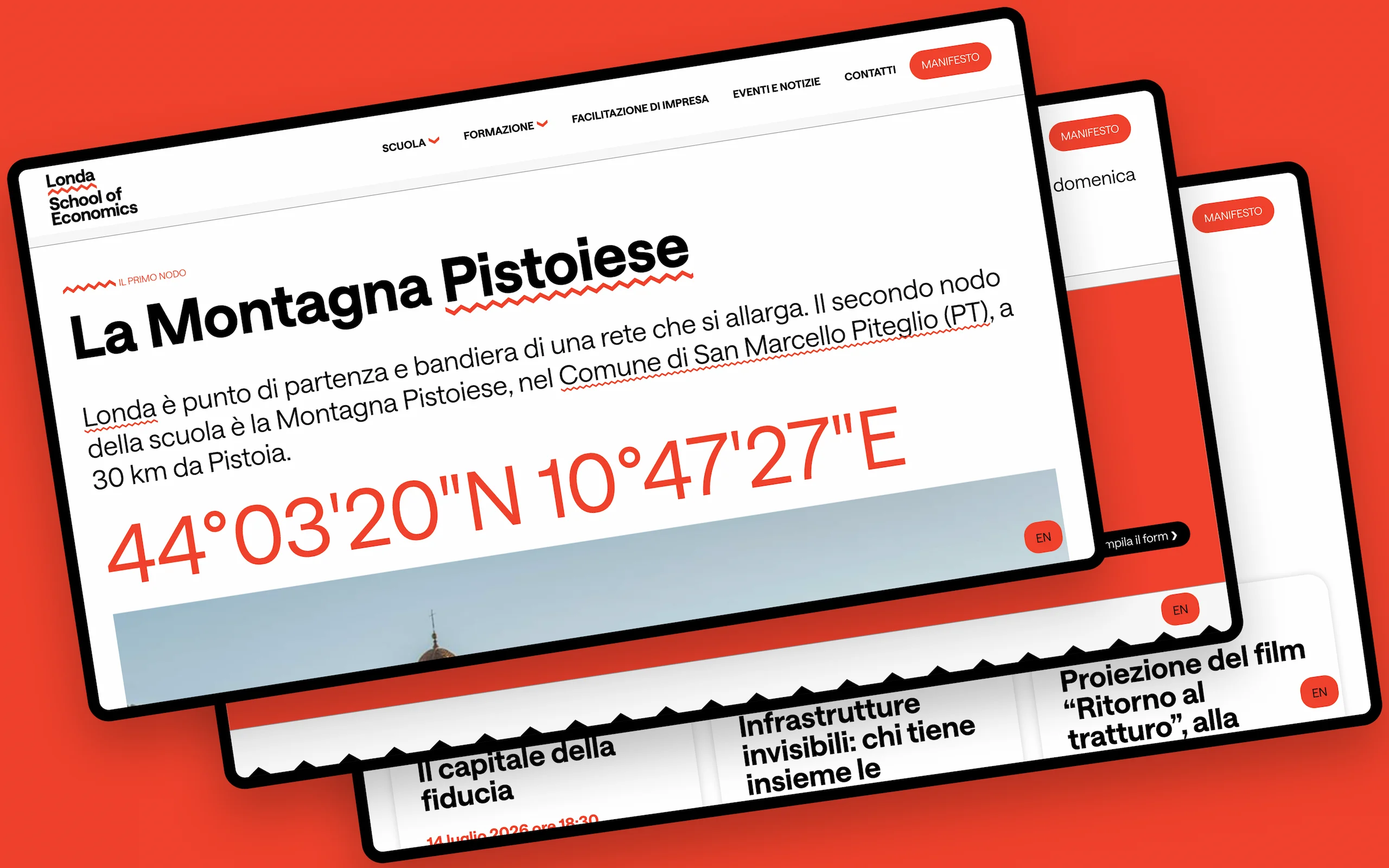 Sito web della Londa School of Economics: la pagina «La Montagna Pistoiese» con le coordinate geografiche in grande, accanto alle schermate degli eventi