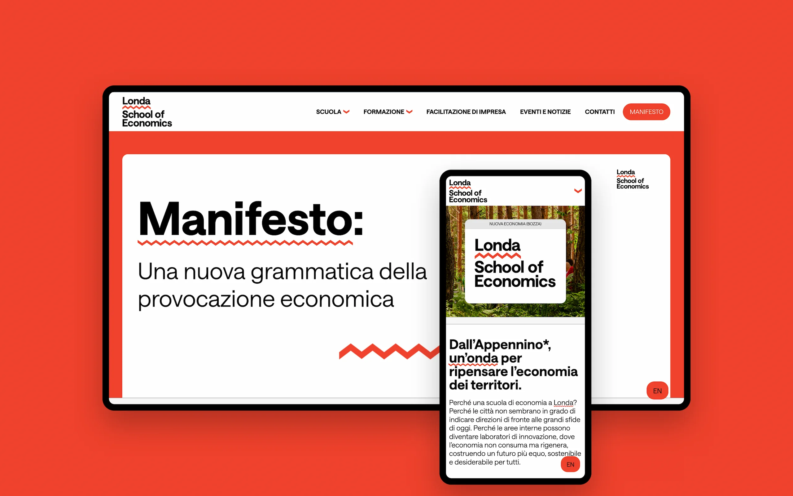 Sito web della Londa School of Economics: la pagina «Manifesto: una nuova grammatica della provocazione economica», accanto alla schermata mobile «Dall’Appennino, un’onda per ripensare l’economia dei territori»