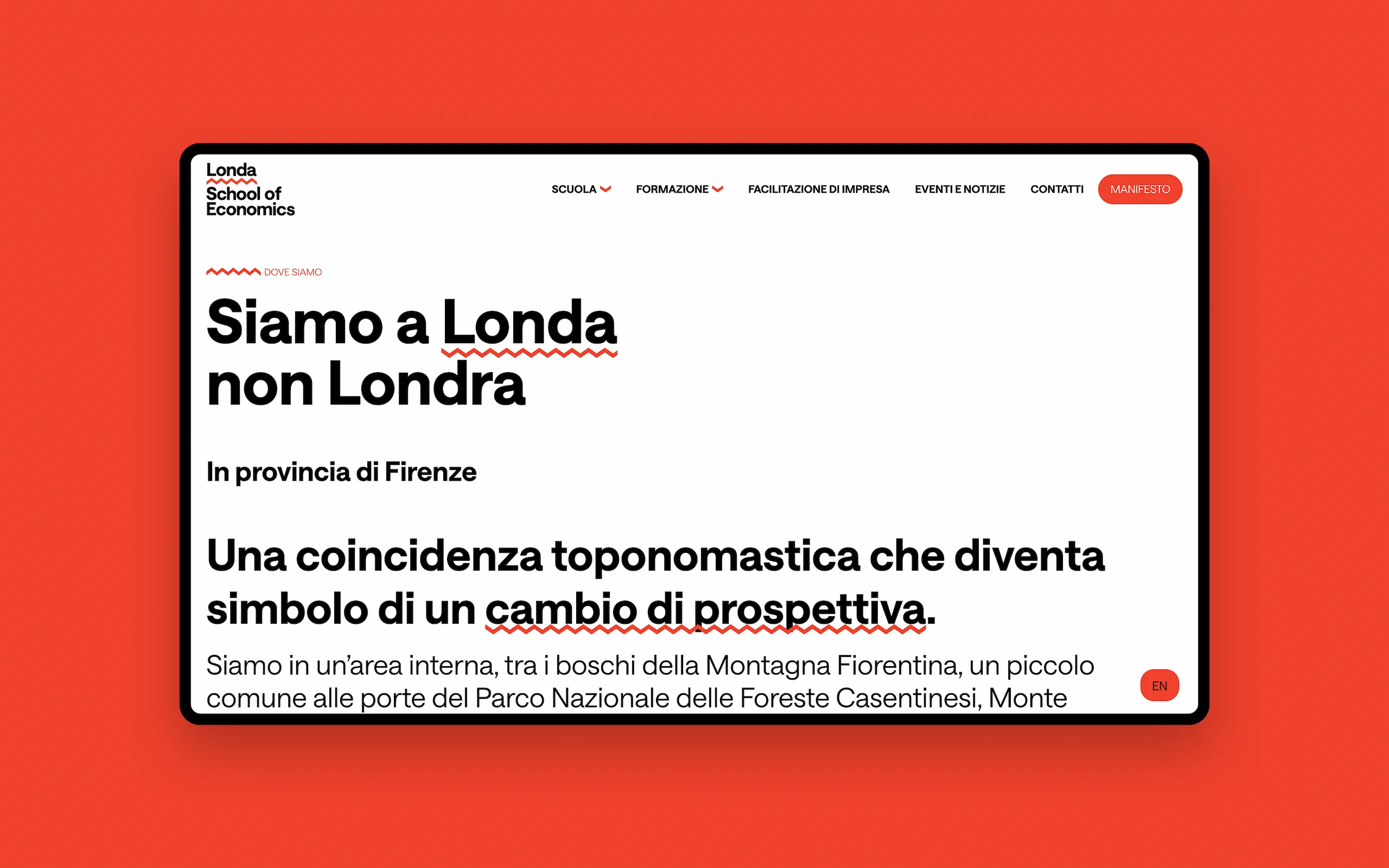 Sito web della Londa School of Economics, la scuola di economia delle aree interne in provincia di Firenze: la pagina «Siamo a Londa non Londra», con la sottolineatura rossa a zigzag sulle parole chiave