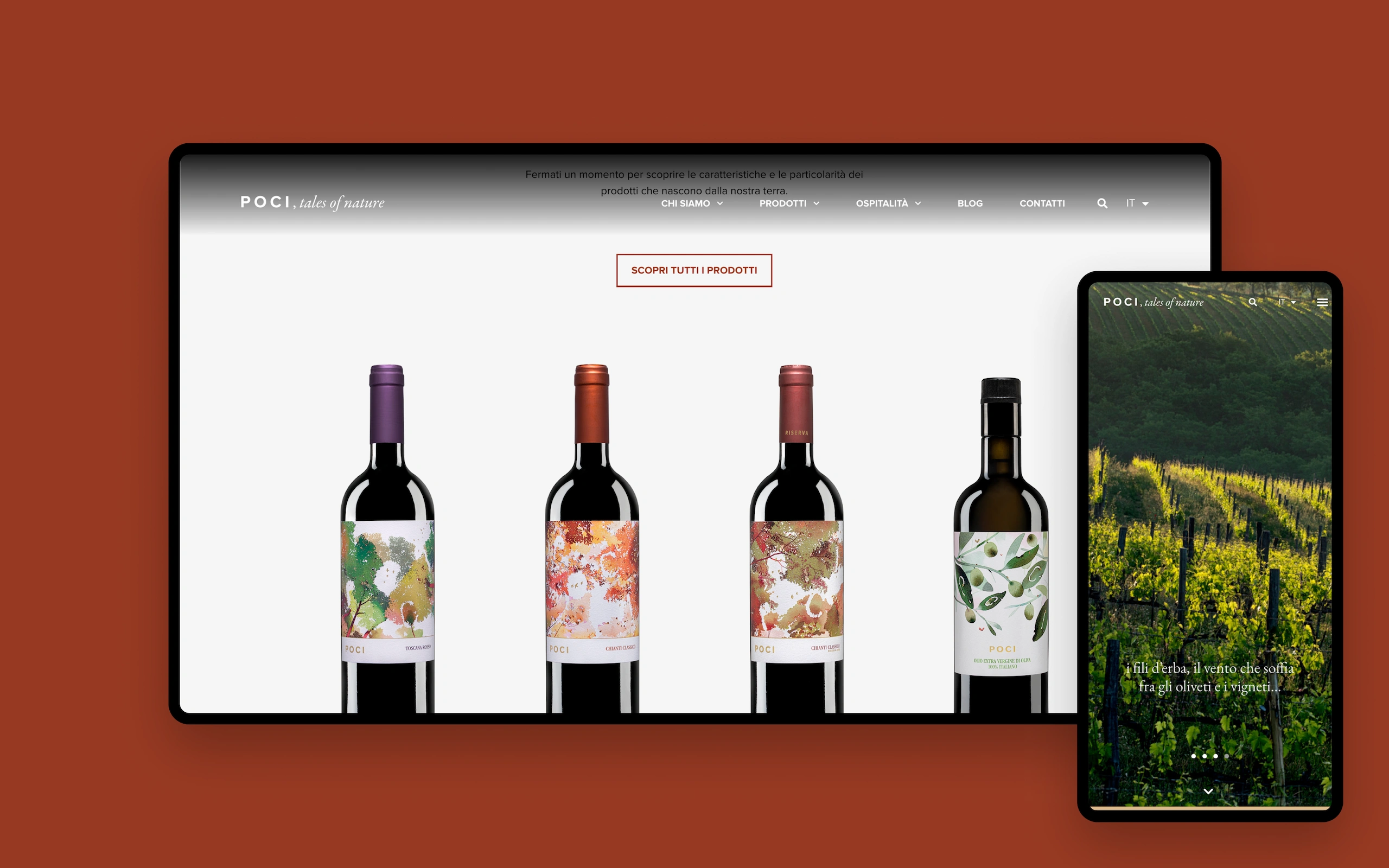 Sito web di Poci, tales of nature, azienda agricola del Chianti: la pagina prodotti su desktop con le quattro bottiglie dalle etichette ad acquerello, accanto alla schermata mobile sui vigneti