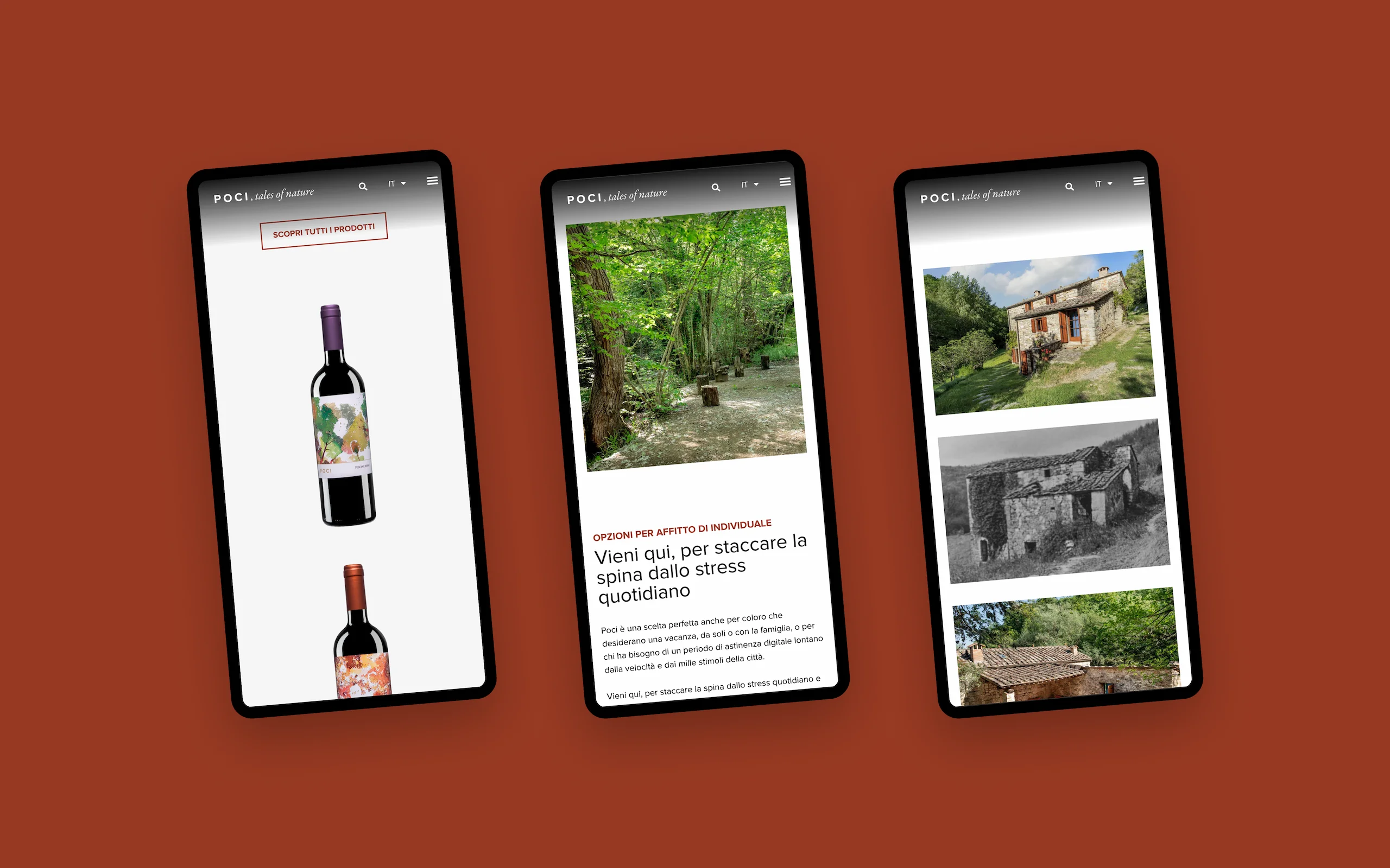 Sito web di Poci, tales of nature, azienda agricola del Chianti: tre schermate da telefono — i vini, la pagina sull’ospitalità «Vieni qui, per staccare la spina dallo stress quotidiano» e la galleria dei casali in pietra