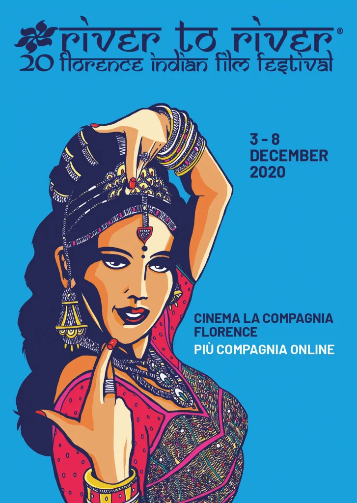 Locandina della 20ª edizione del River to River Florence Indian Film Festival, 3-8 dicembre 2020: una danzatrice in abito e gioielli tradizionali indiani, con il braccio alzato, su fondo azzurro