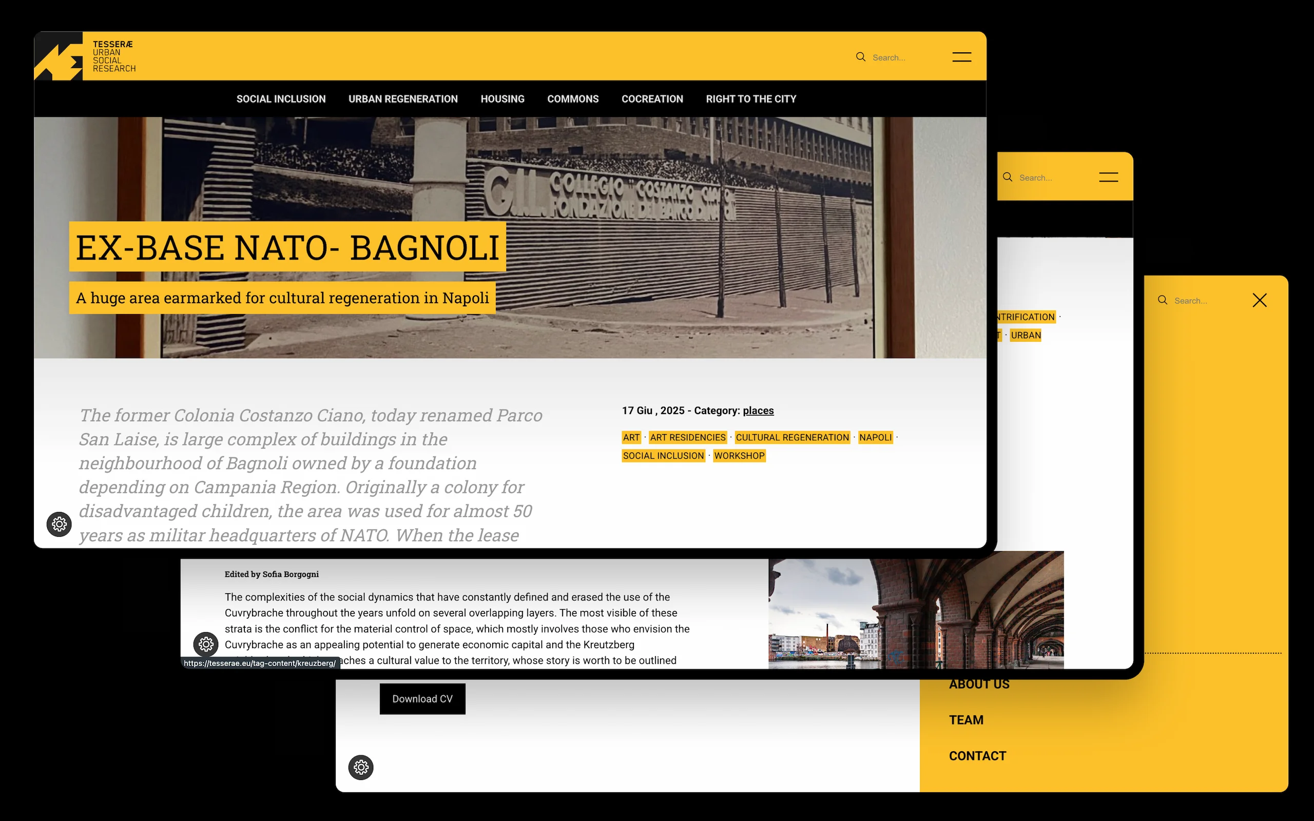 Sito web di Tesseræ Urban Social Research: la scheda «Ex-base NATO, Bagnoli — un’area destinata alla rigenerazione culturale a Napoli», accanto all’articolo sul Cuvrybrache di Berlino e al menu aperto