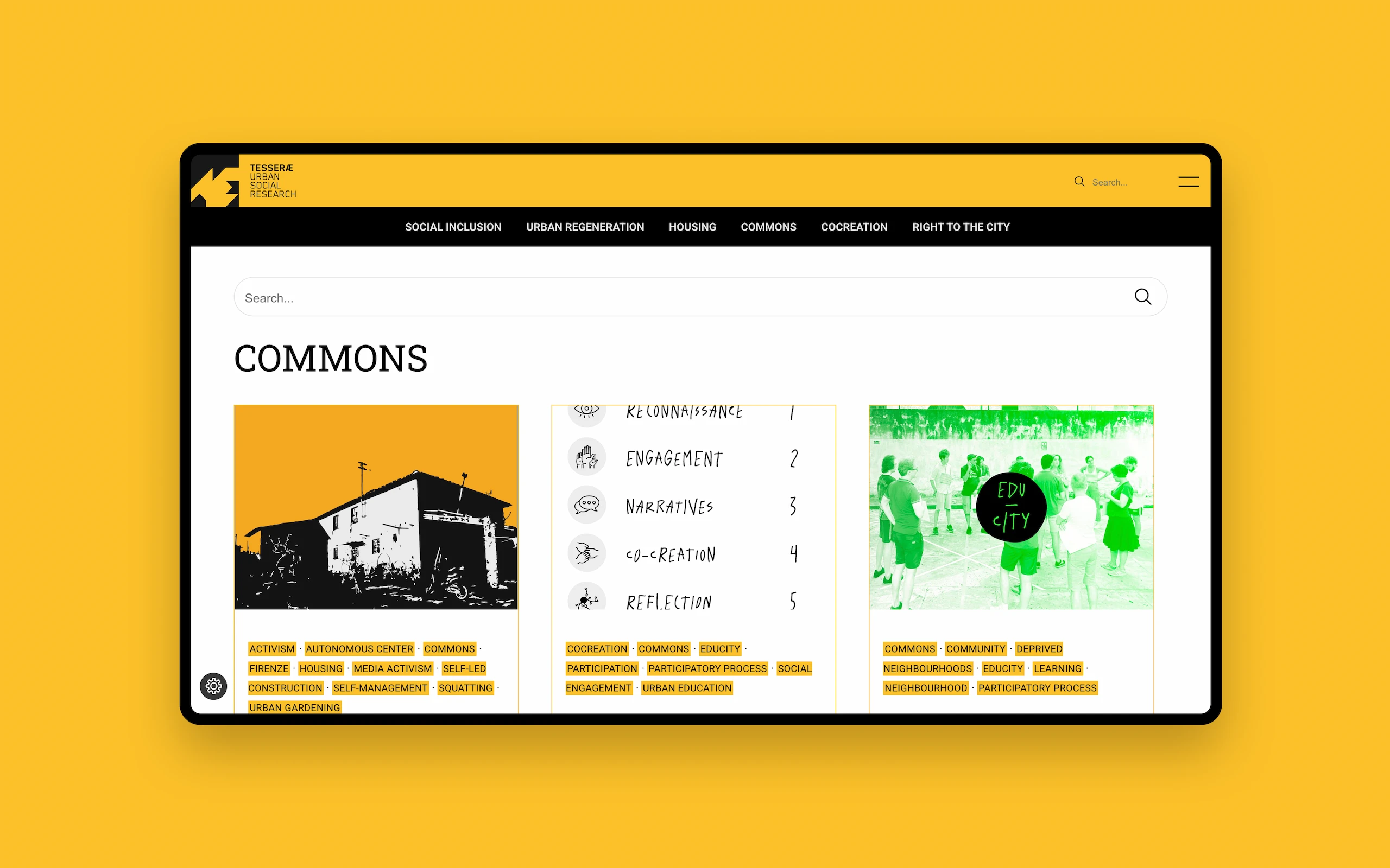 Sito web di Tesseræ Urban Social Research, organizzazione di ricerca sullo spazio urbano con base a Berlino: la sezione «Commons» su desktop, con le schede dei progetti e le loro etichette tematiche — attivismo, autogestione, educazione urbana
