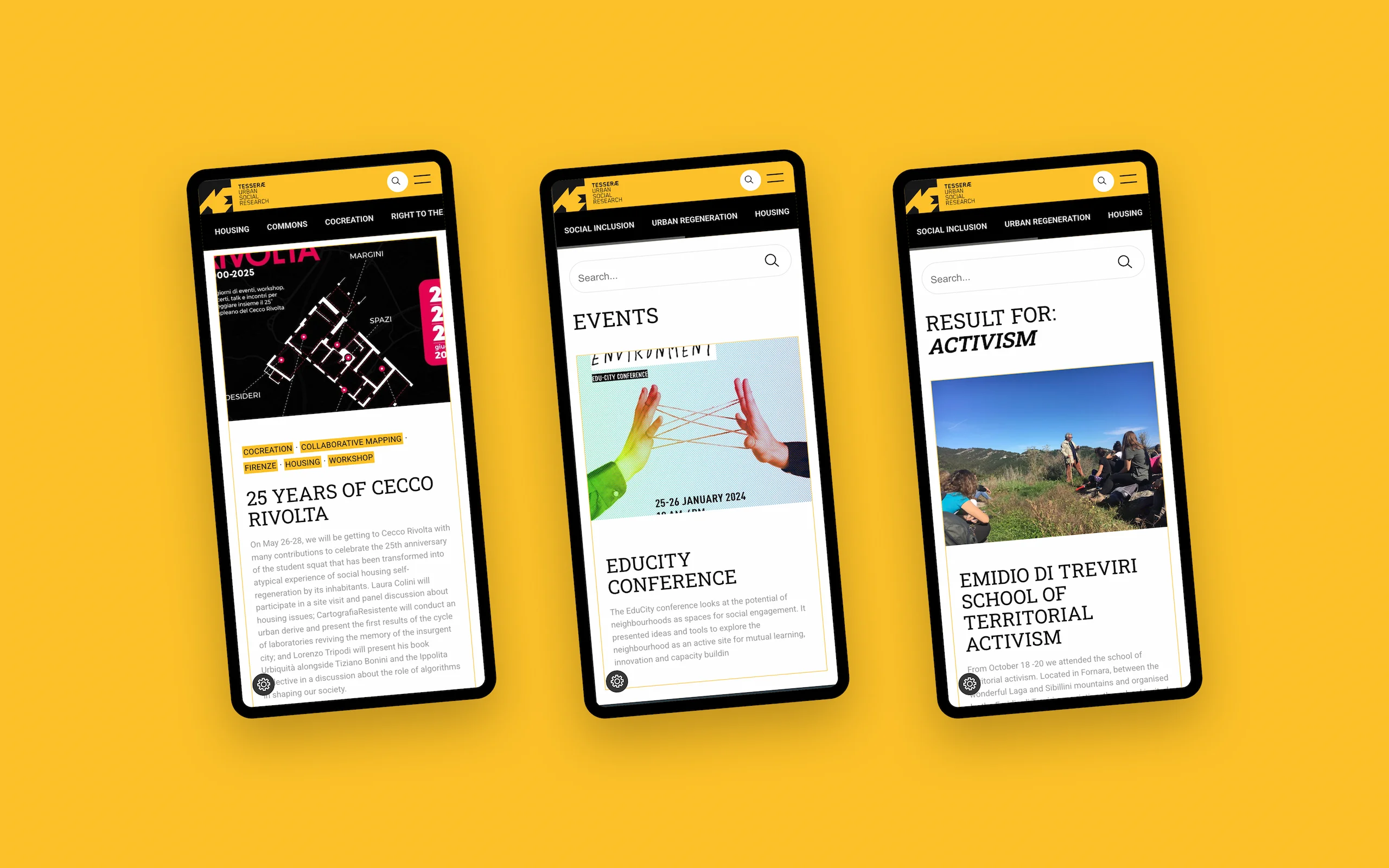 Sito web di Tesseræ Urban Social Research, organizzazione di ricerca sullo spazio urbano con base a Berlino: tre schermate da telefono — i 25 anni del Cecco Rivolta, la Educity Conference e i risultati di ricerca per «activism»