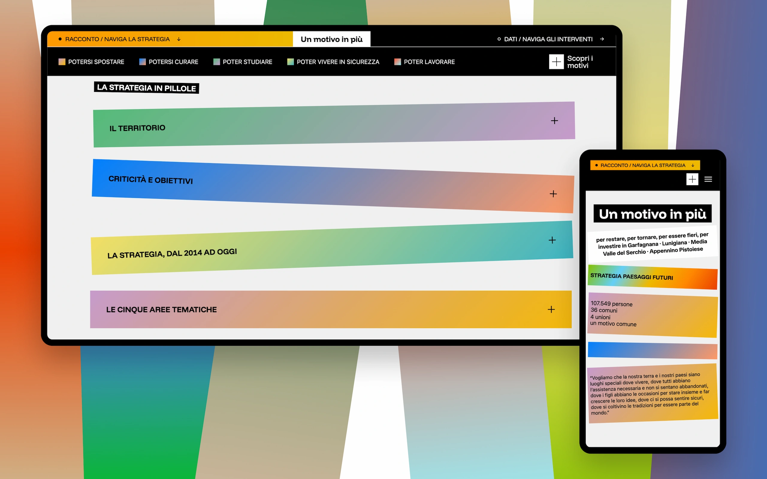 Sito web di Un motivo in più, campagna della Strategia Territoriale Paesaggi Futuri: la sezione «La strategia in pillole» su desktop, accanto alla schermata mobile che riassume 107.549 persone, 36 comuni, 4 unioni, un motivo comune