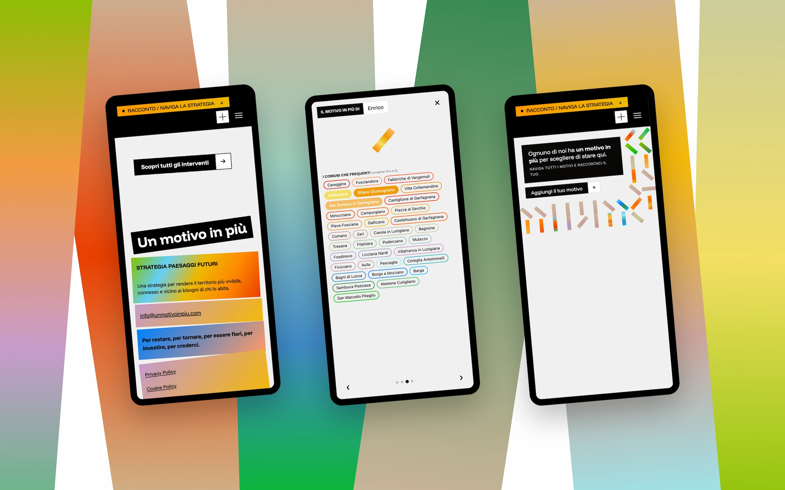 Sito web di Un motivo in più, campagna della Strategia Territoriale Paesaggi Futuri per 36 Comuni toscani: tre schermate da telefono — la strategia Paesaggi Futuri, l’elenco dei Comuni coinvolti e la tela collettiva «Ognuno di noi ha un motivo in più per scegliere di stare qui»
