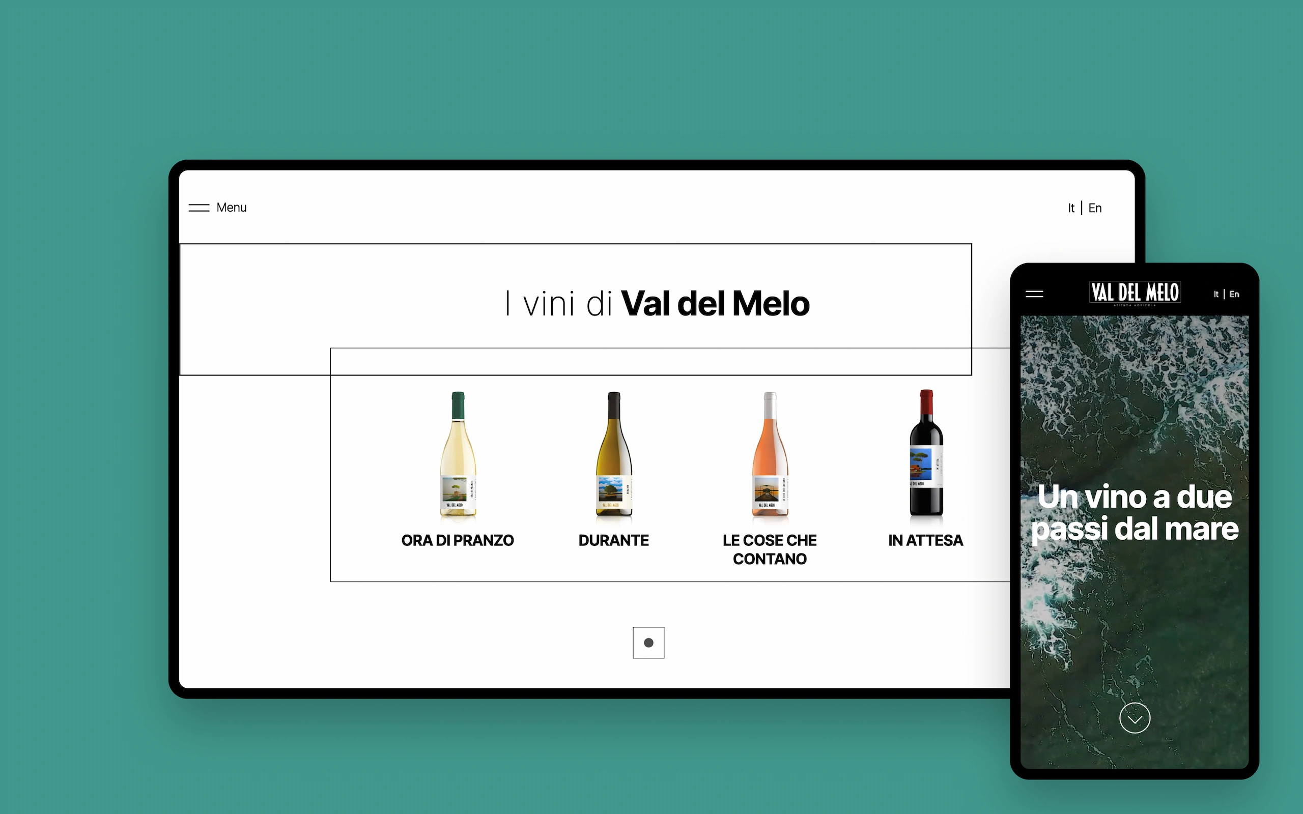Sito web di Val del Melo, azienda agricola della Maremma: la pagina «I vini di Val del Melo» su desktop con le bottiglie Ora di pranzo, Durante, Le cose che contano e In attesa, accanto alla schermata mobile «Un vino a due passi dal mare»