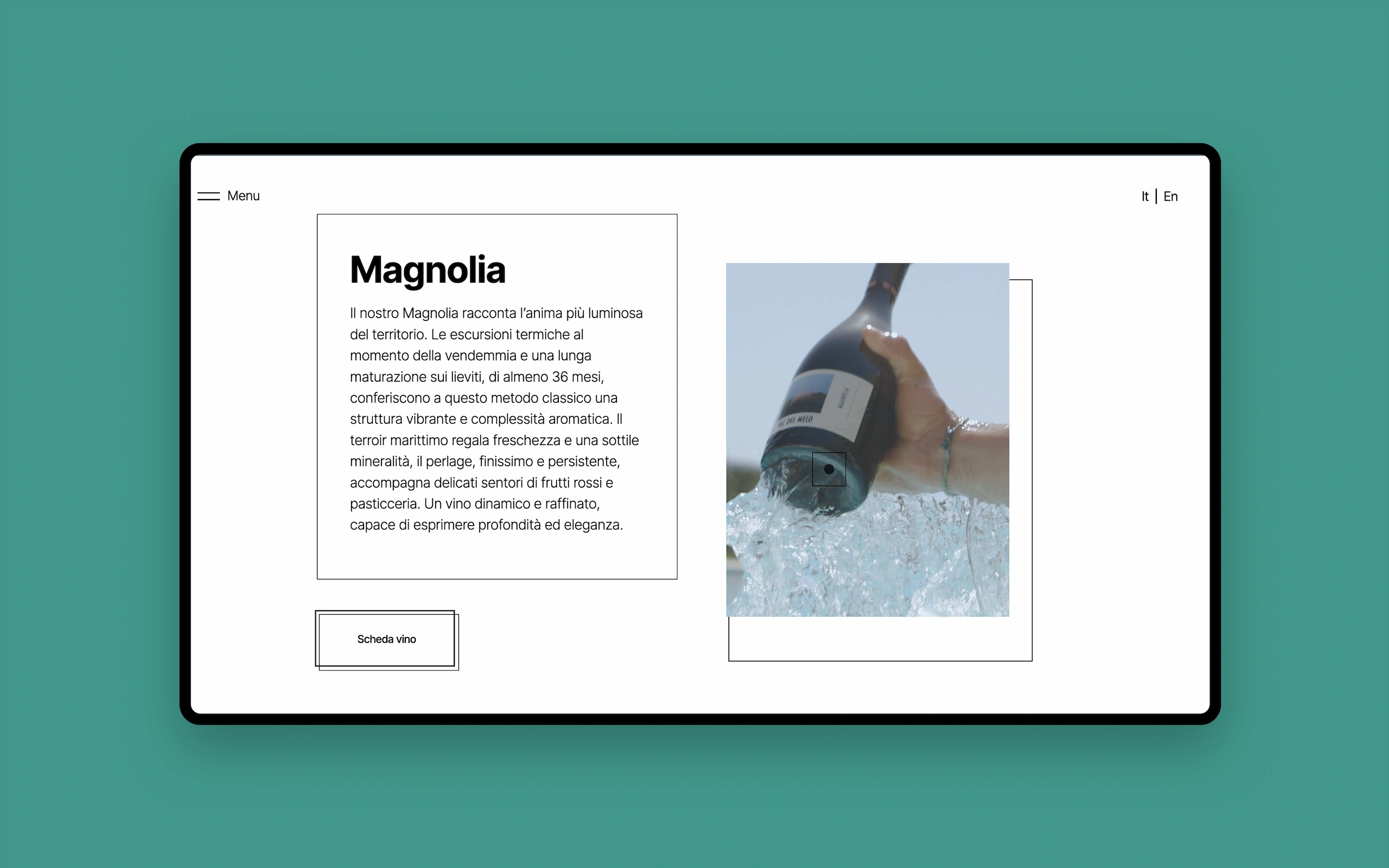 Sito web di Val del Melo, azienda agricola della Maremma: la scheda del Magnolia su portatile, con la bottiglia immersa nel ghiaccio