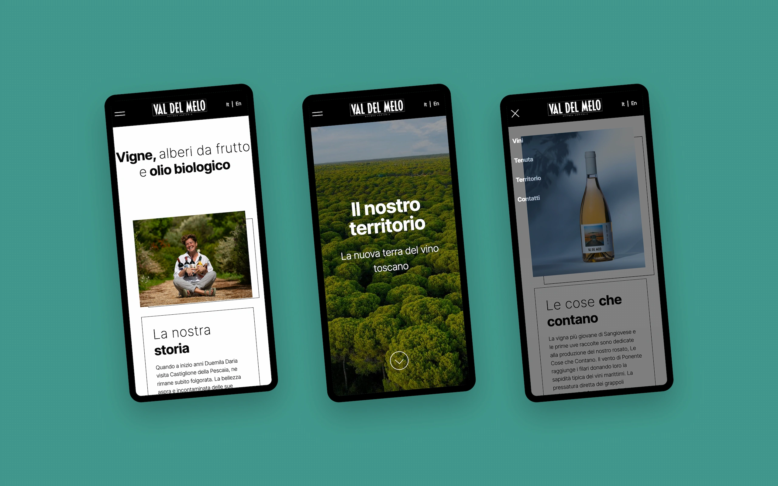 Sito web di Val del Melo, azienda agricola della Maremma: tre schermate da telefono — «Vigne, alberi da frutto e olio biologico», la pagina sul territorio e una scheda vino con il menu aperto