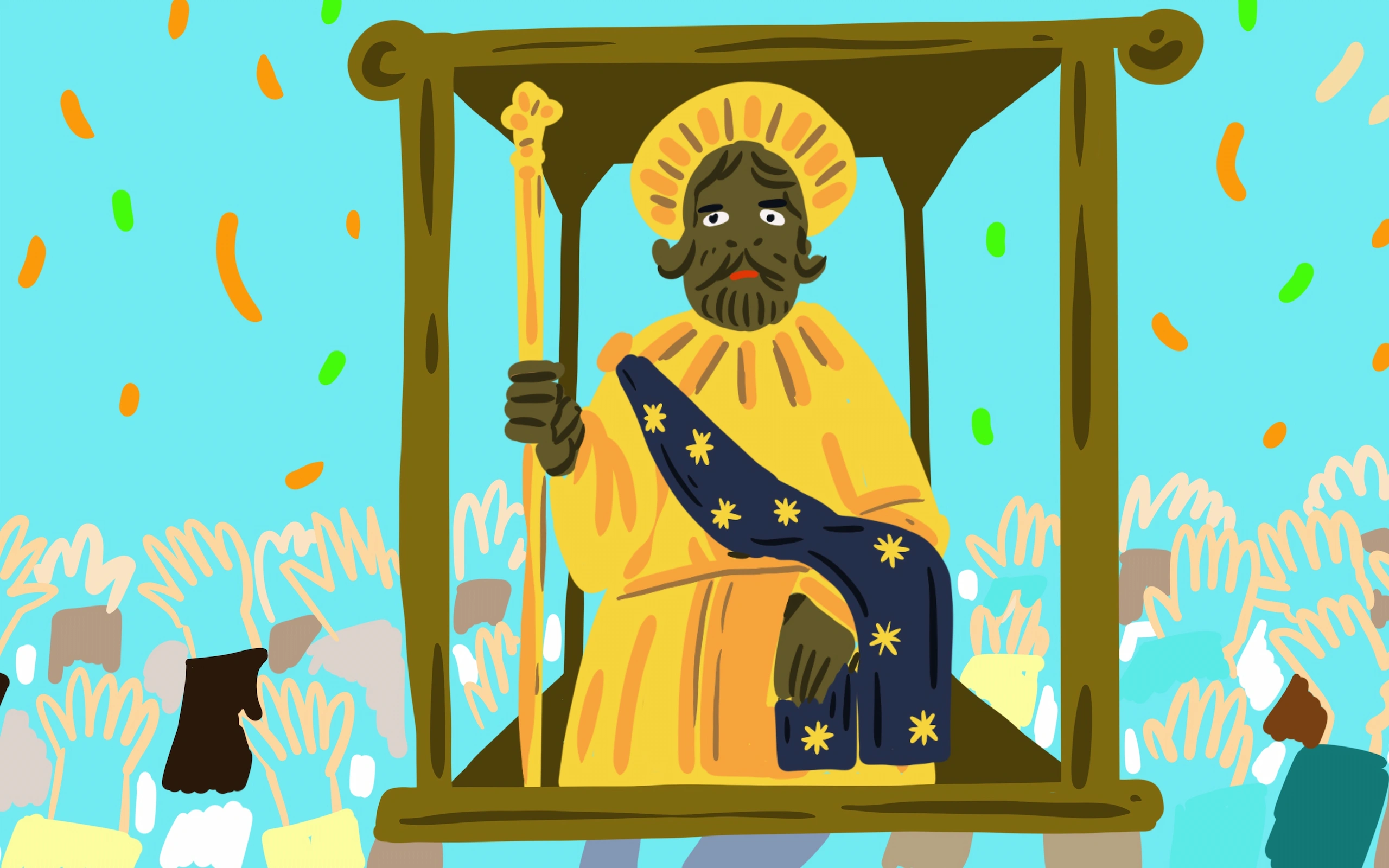 Illustrazione per la video-guida del Parco Archeologico di Morgantina e Aidone: la statua di un santo con l’aureola e il manto stellato portata in processione su una portantina dorata, tra la folla con le mani alzate e i coriandoli