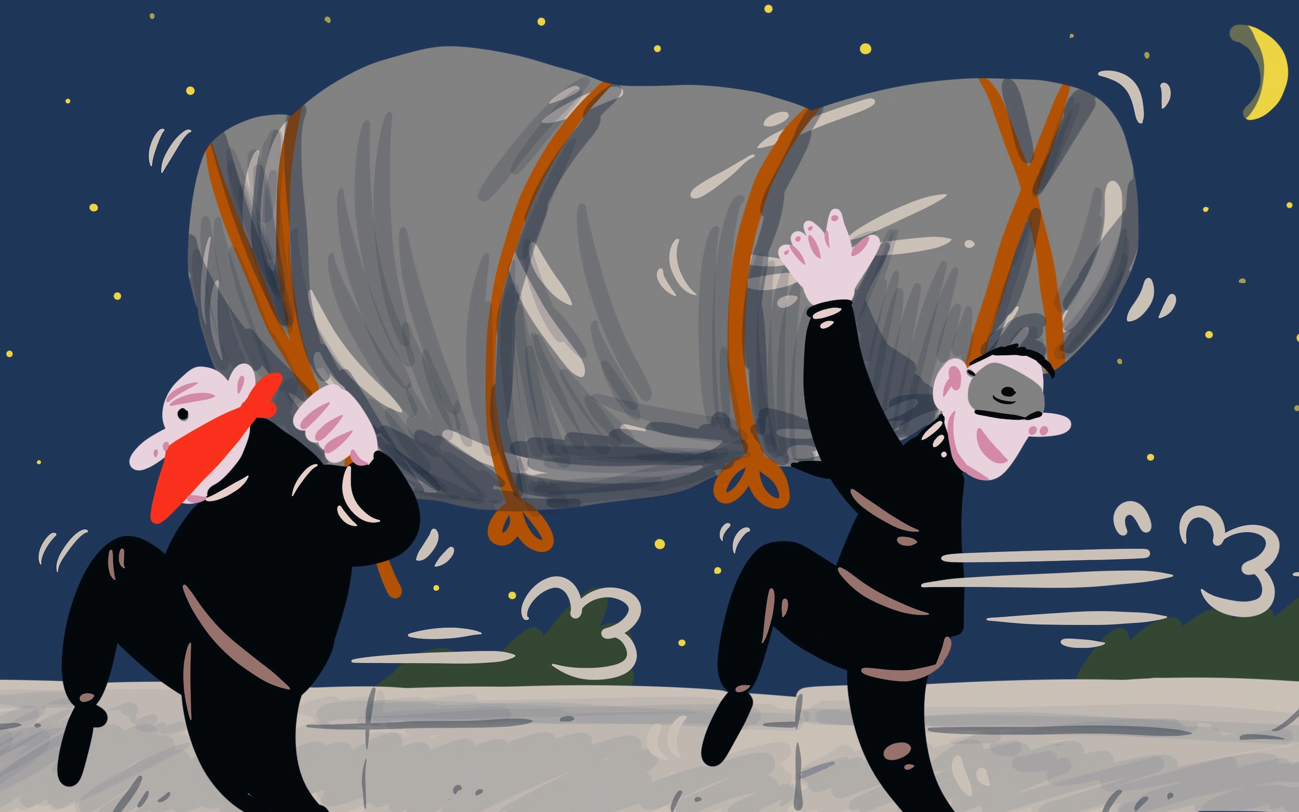 Illustrazione per la video-guida del Parco Archeologico di Morgantina e Aidone: due figure mascherate trasportano di notte, sotto la luna, un grande reperto avvolto e legato con delle cinghie: il trafugamento clandestino