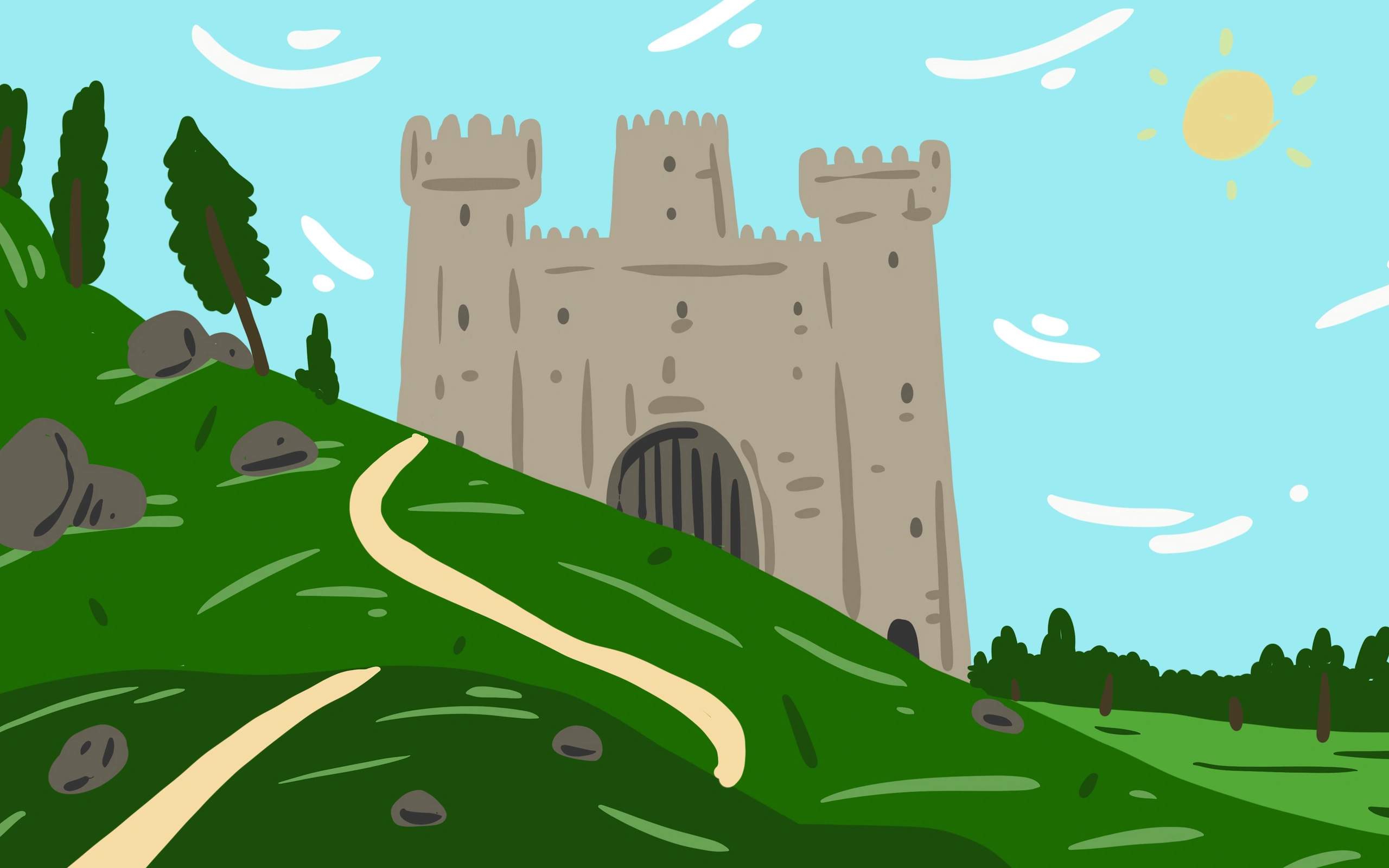Illustrazione per la video-guida del Parco Archeologico di Morgantina e Aidone: un castello merlato in cima a una collina verde, con il sentiero che sale tra i cipressi