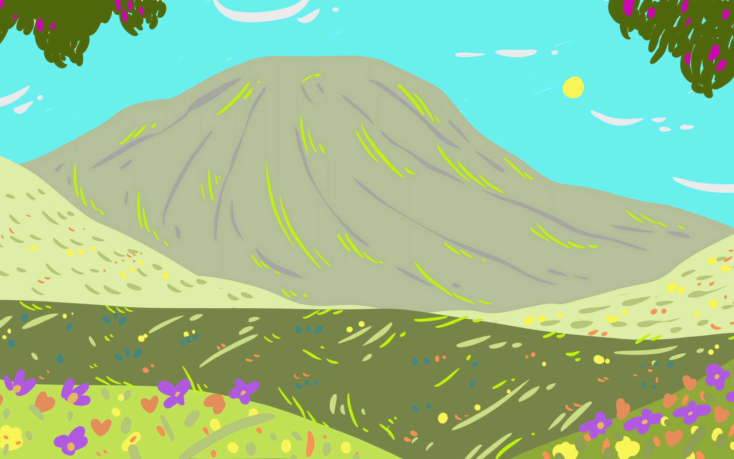 Illustrazione per la video-guida del Parco Archeologico di Morgantina e Aidone: un monte spoglio che si alza sopra i prati fioriti dell’entroterra