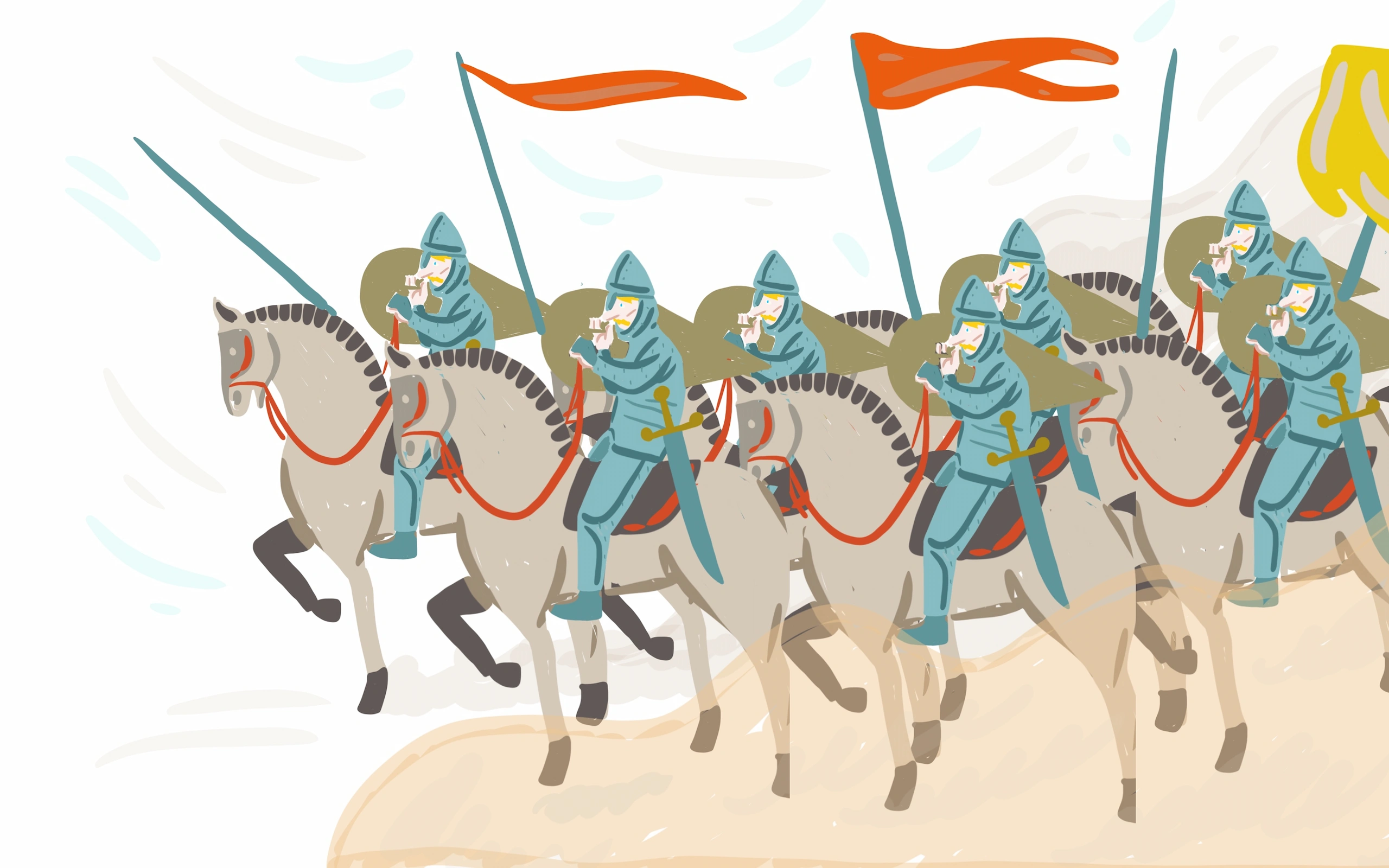 Illustrazione per la video-guida del Parco Archeologico di Morgantina e Aidone: una schiera di cavalieri in armatura al galoppo, con le lance e i pennoni rossi al vento