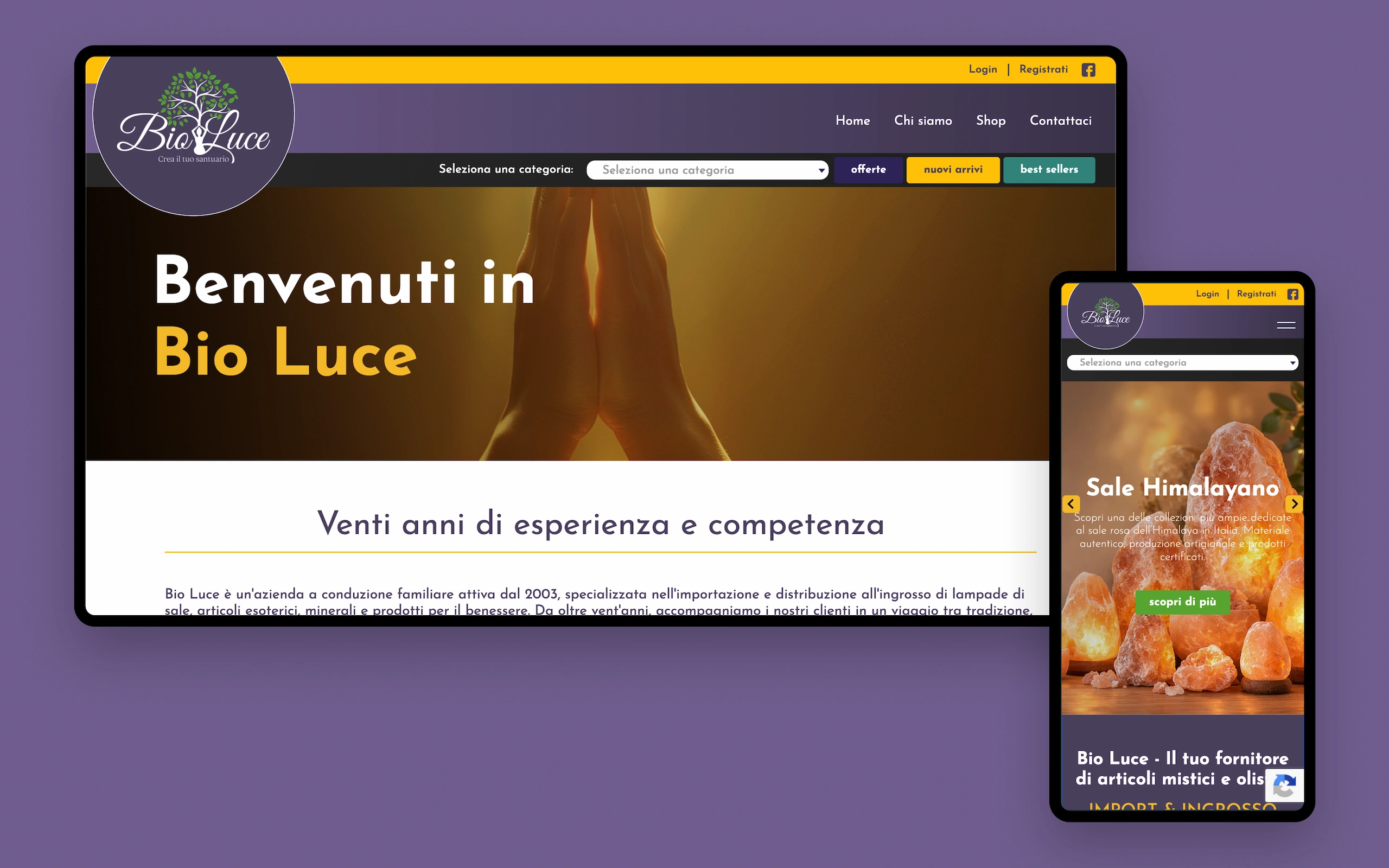 Sito e-commerce all’ingrosso di Bio Luce, articoli olistici e spirituali: la homepage «Benvenuti in Bio Luce» su desktop accanto alla schermata mobile dedicata al sale himalayano