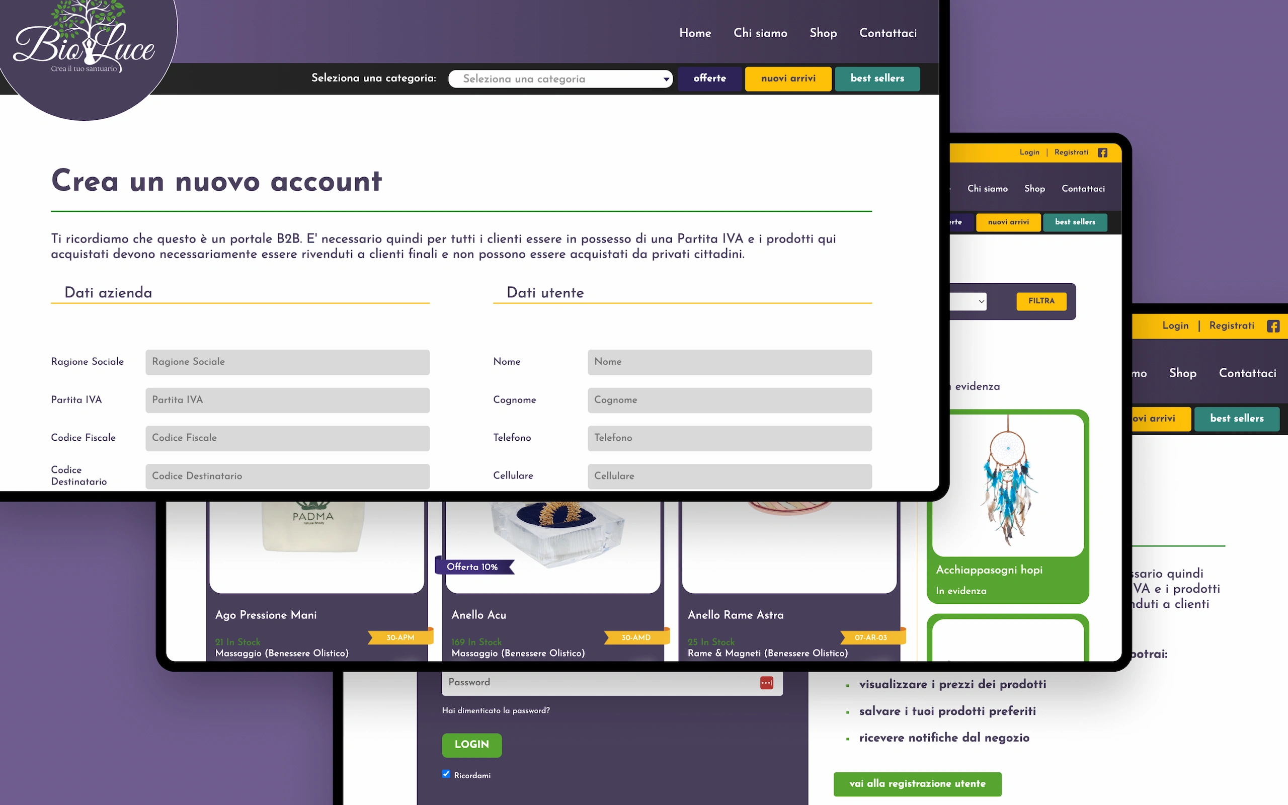Sito e-commerce all’ingrosso di Bio Luce: il modulo «Crea un nuovo account» del portale B2B, che richiede partita IVA e dati aziendali, accanto al catalogo e alla schermata di accesso