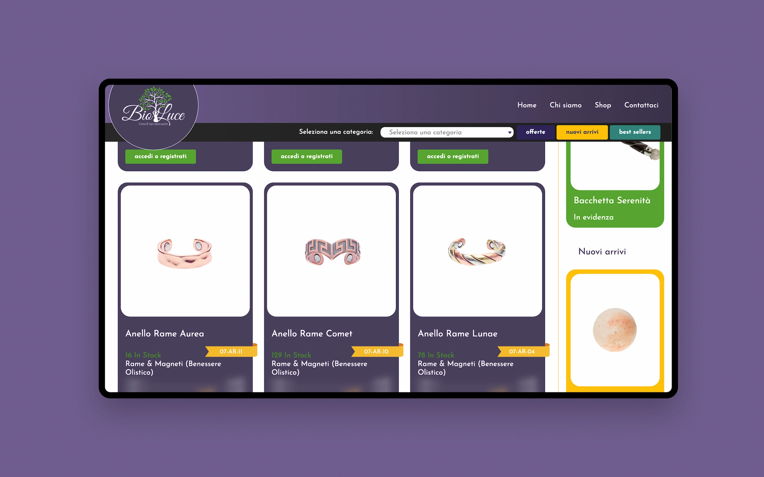 Sito e-commerce all’ingrosso di Bio Luce, articoli olistici e spirituali: il catalogo su desktop, con gli anelli in rame e magneti: al posto dei prezzi compare «accedi o registrati», perché sono visibili solo ai rivenditori