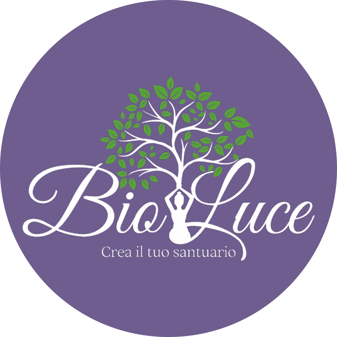 Logo di Bio Luce: in un cerchio viola, un albero bianco dalle foglie verdi il cui tronco è una figura in meditazione, con il payoff «Crea il tuo santuario»