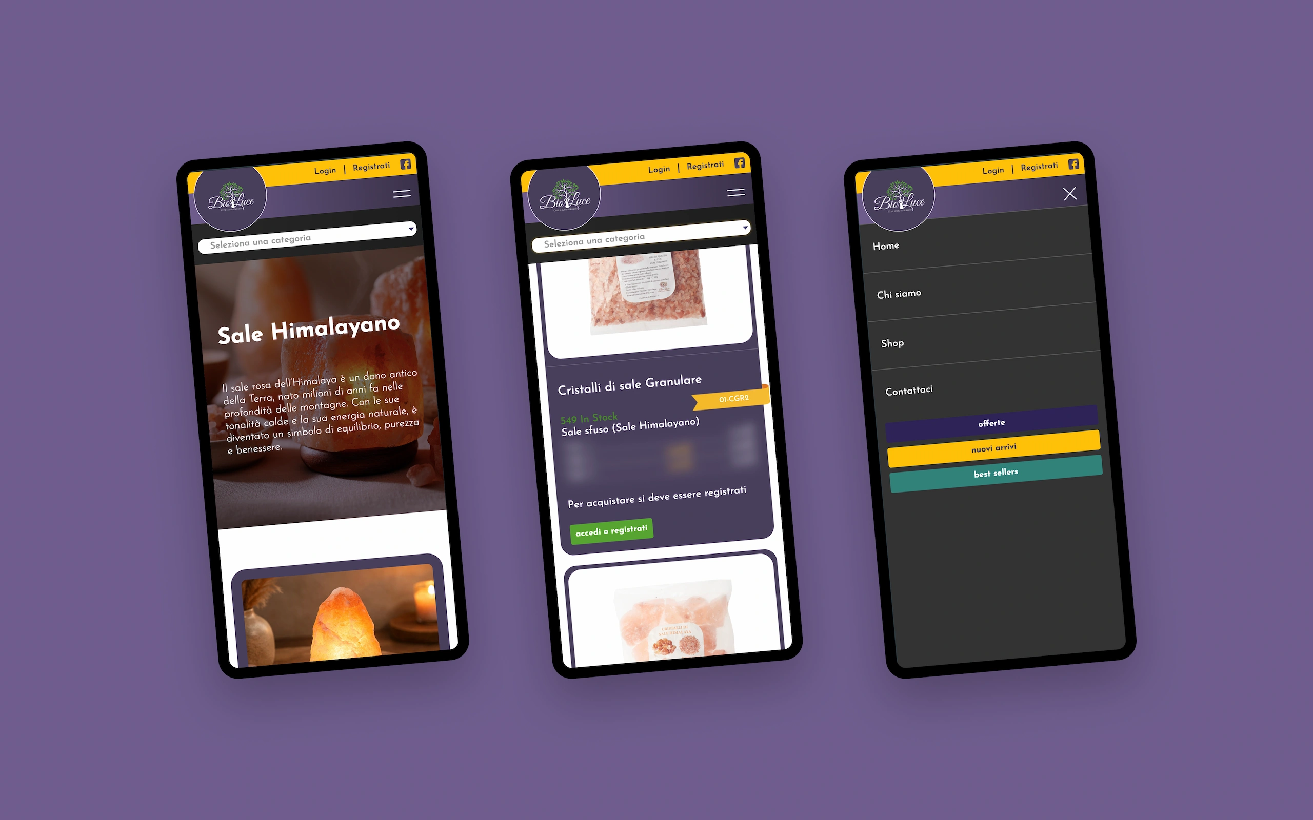 Sito e-commerce all’ingrosso di Bio Luce, articoli olistici e spirituali: tre schermate da telefono — la scheda del sale himalayano, un prodotto del catalogo e il menu di navigazione aperto