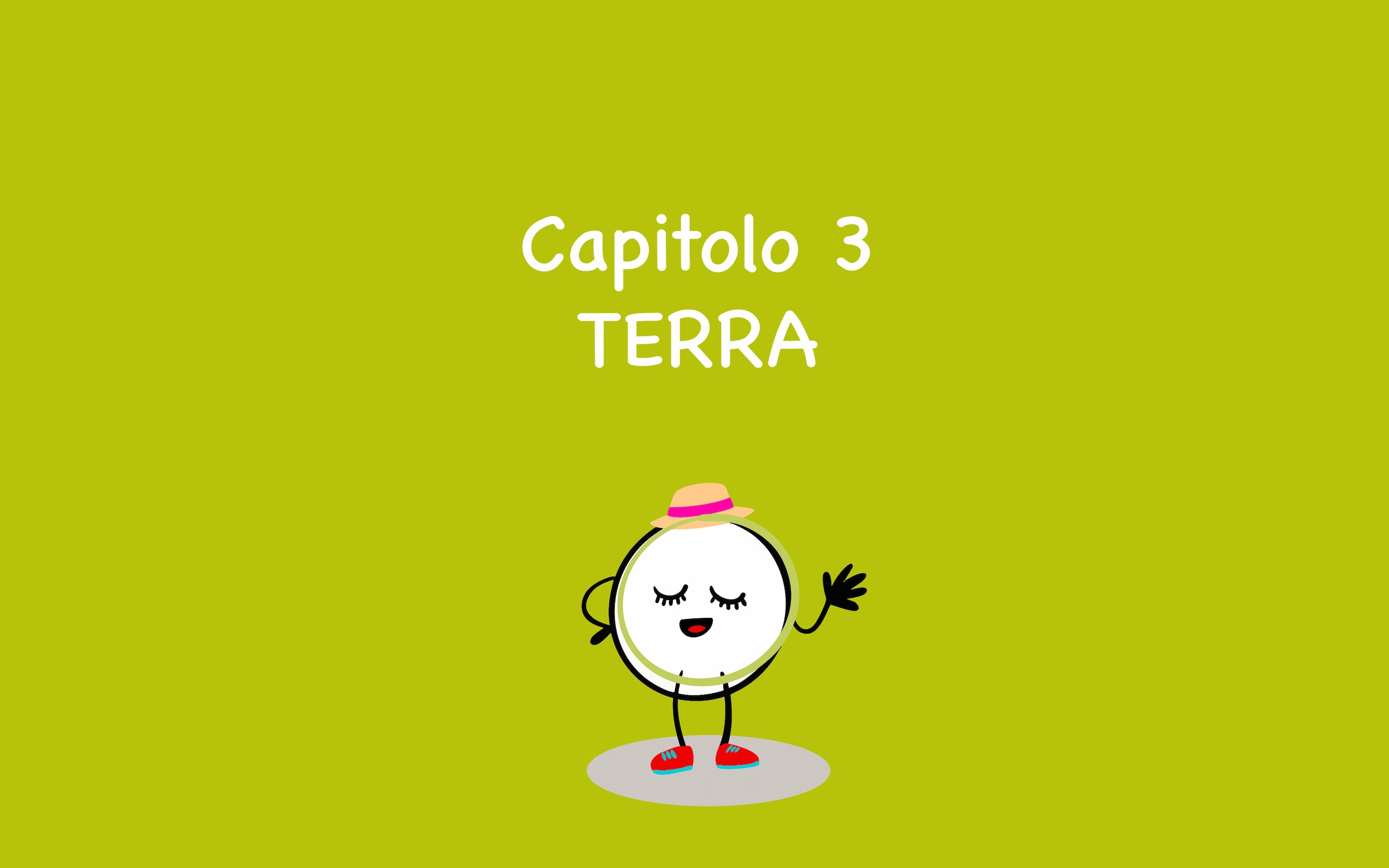 Apertura del Capitolo 3 «Terra» del fumetto Flegreasy: la mascotte con cappello di paglia saluta su fondo verde oliva