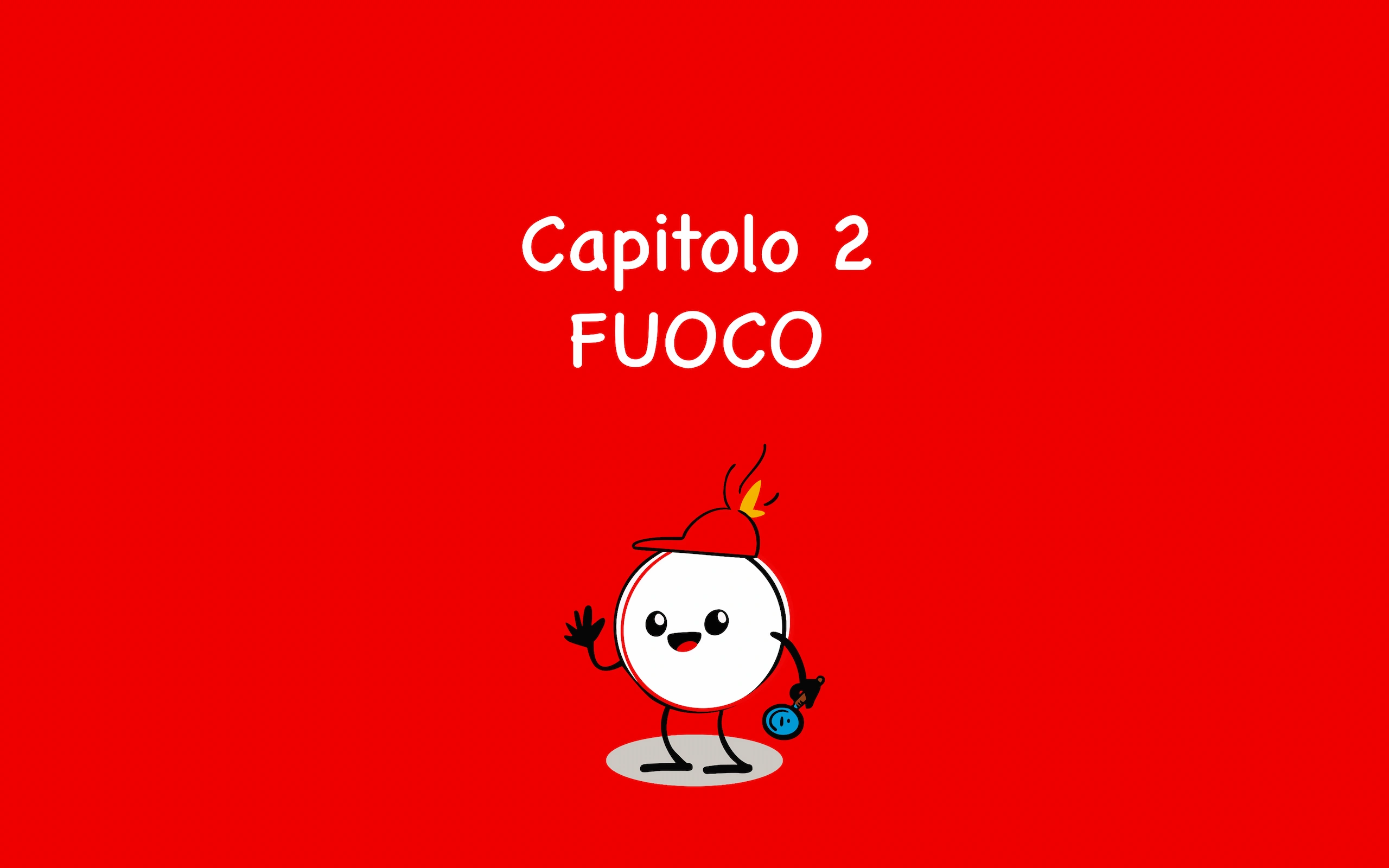 Apertura del Capitolo 2 «Fuoco» del fumetto Flegreasy: la mascotte con una fiammella sul capo e una miccia in mano, su fondo rosso