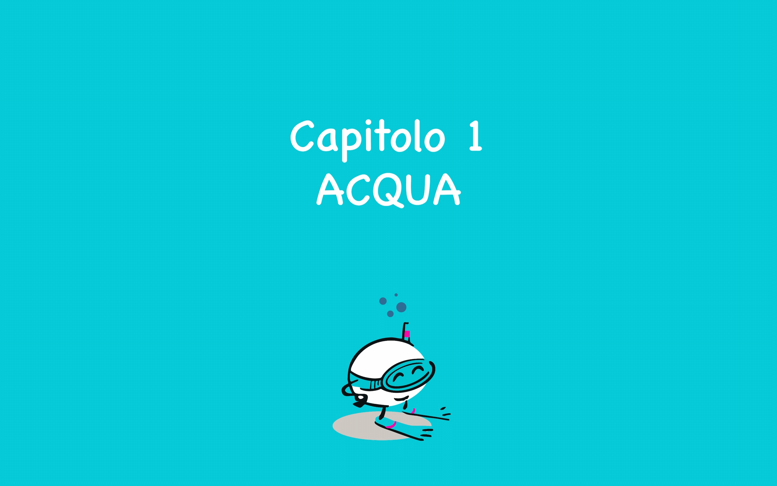 Apertura del Capitolo 1 «Acqua» del fumetto Flegreasy: la mascotte con maschera e boccaglio nuota su fondo turchese