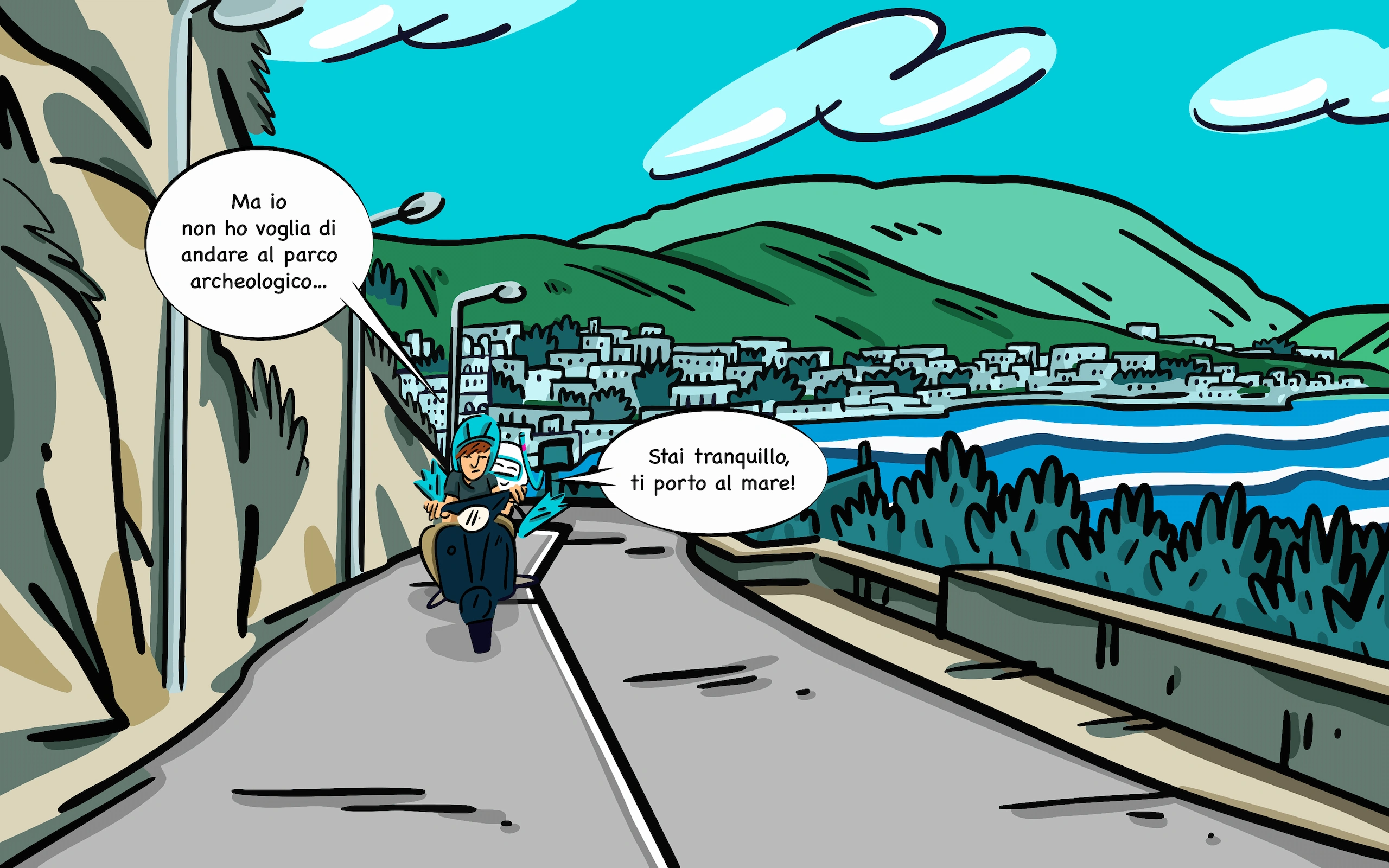 Tavola del fumetto Flegreasy: due ragazzi in scooter sulla strada costiera flegrea, uno dice che non ha voglia di andare al parco archeologico