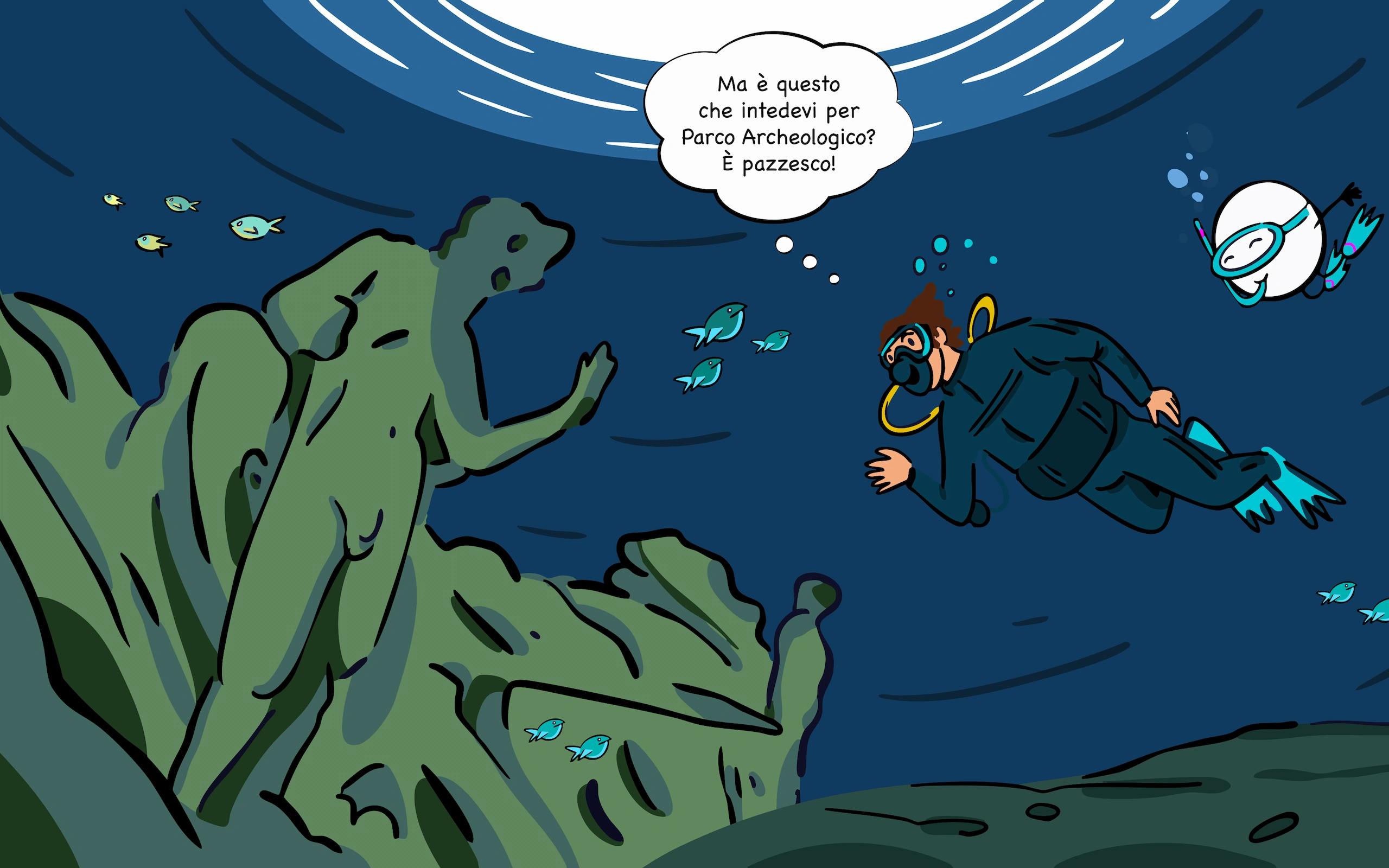Tavola del fumetto Flegreasy: un sub tra le statue sommerse di Baia esclama «Ma è questo che intendevi per Parco Archeologico? È pazzesco!»