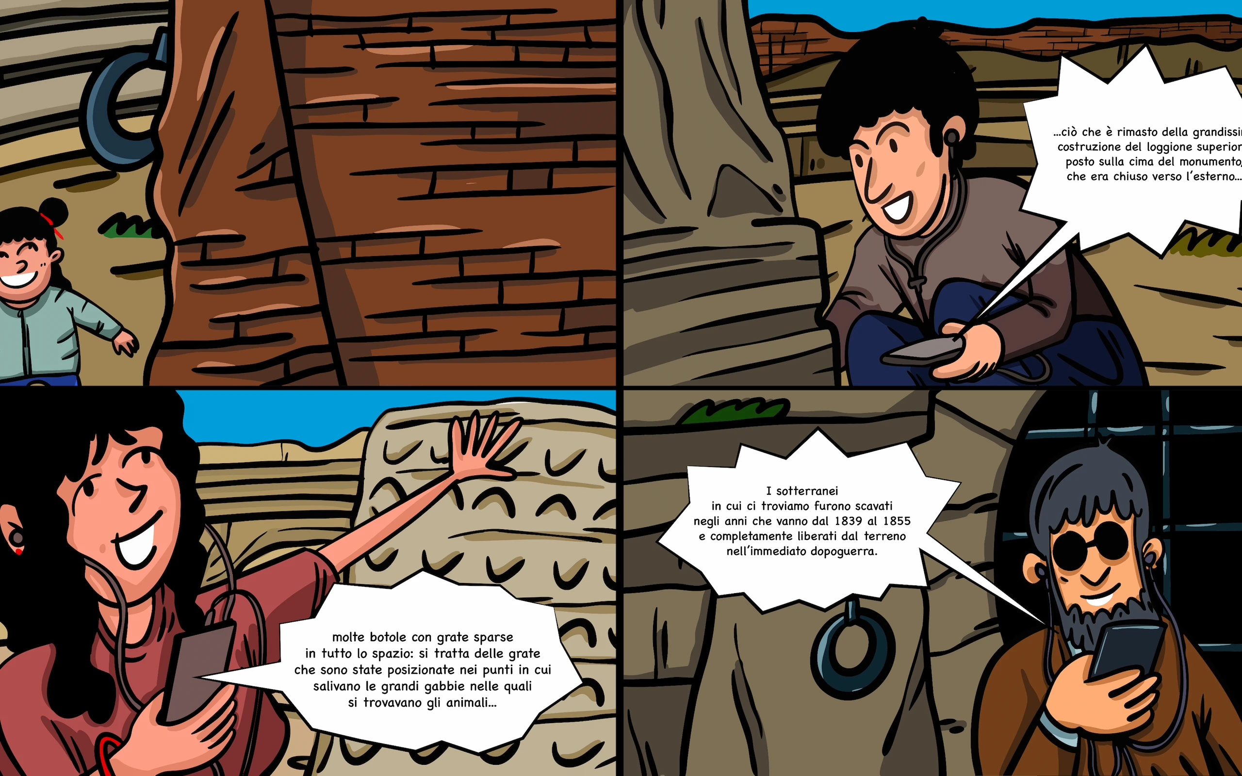 Tavola a quattro vignette del fumetto Flegreasy: visitatori con gli auricolari ascoltano l’audioguida nei sotterranei dell’Anfiteatro Flavio, che racconta il loggione, le grate sopra le gabbie degli animali e gli scavi dal 1839 al 1855