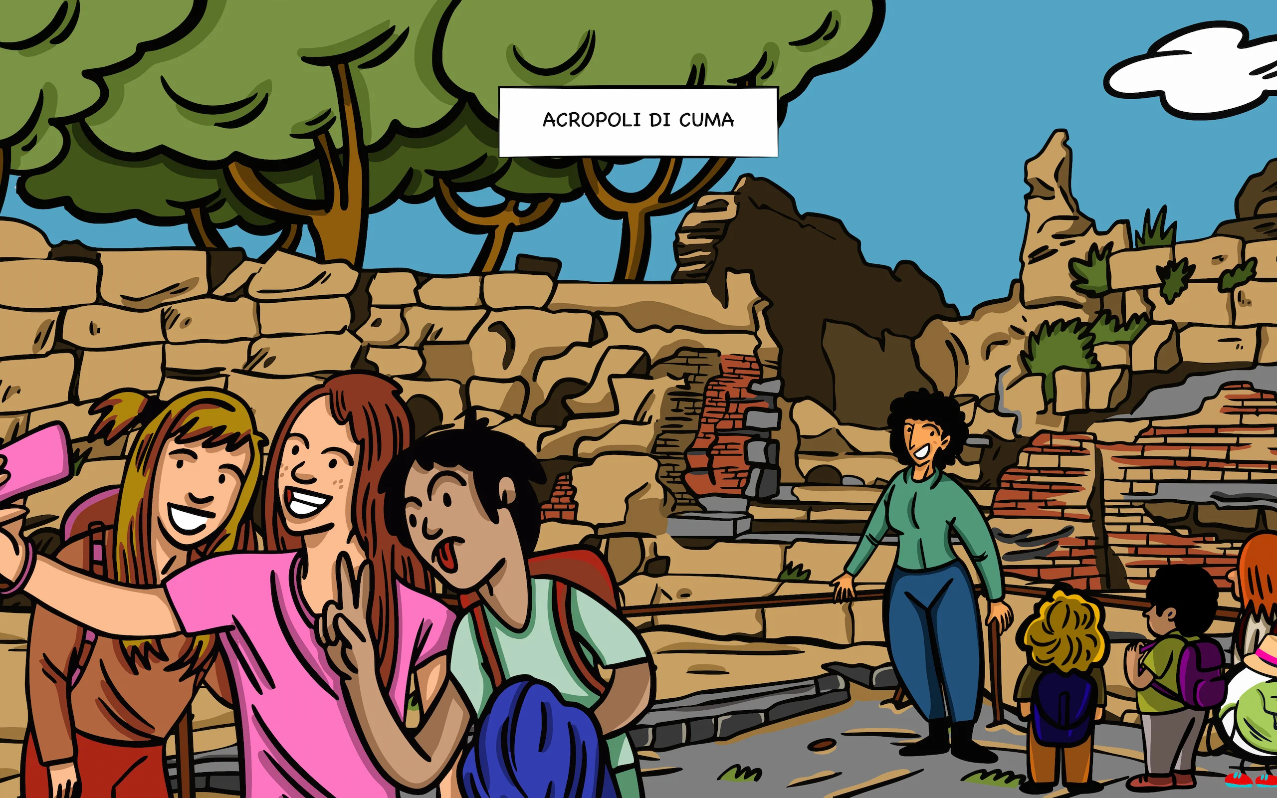 Tavola del fumetto Flegreasy: all’Acropoli di Cuma tre ragazze si fanno un selfie mentre la guida accompagna il resto del gruppo