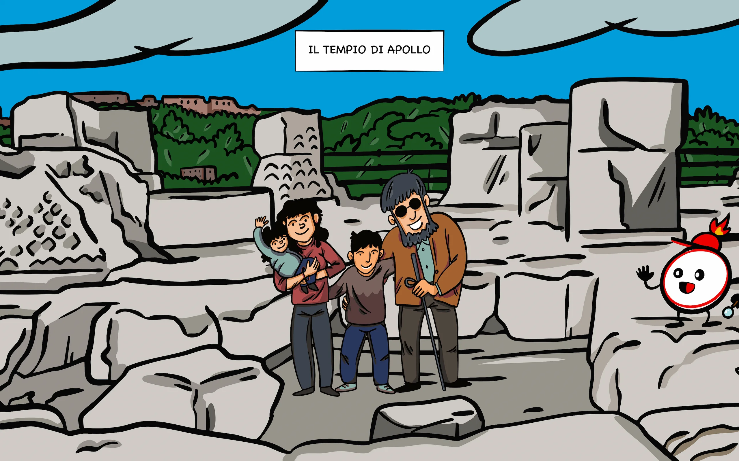 Tavola del fumetto Flegreasy: al Tempio di Apollo una famiglia visita il sito insieme a un uomo non vedente con bastone bianco, mentre la mascotte Fuoco li saluta