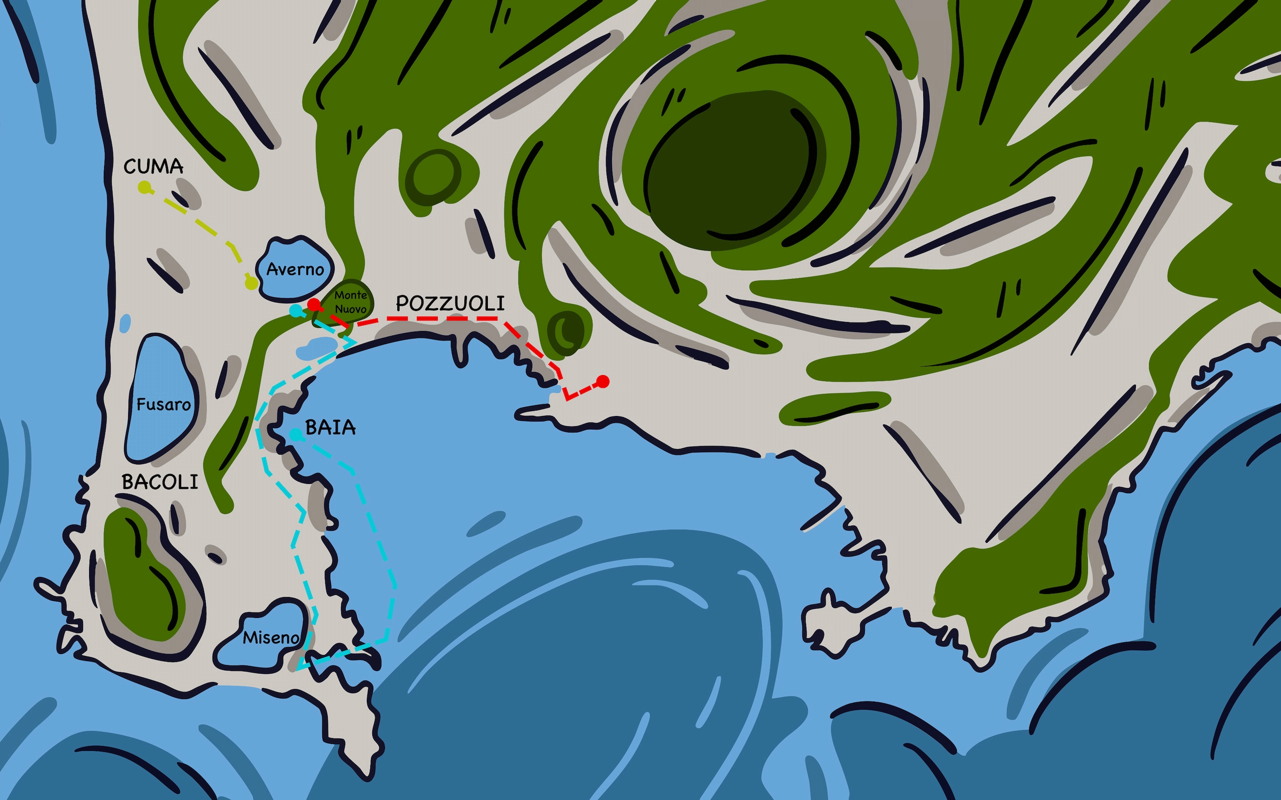 Mappa illustrata dei Campi Flegrei per il fumetto Flegreasy: Cuma, l’Averno, Monte Nuovo, Pozzuoli, Baia, Bacoli, il Fusaro e Miseno uniti dai percorsi di visita