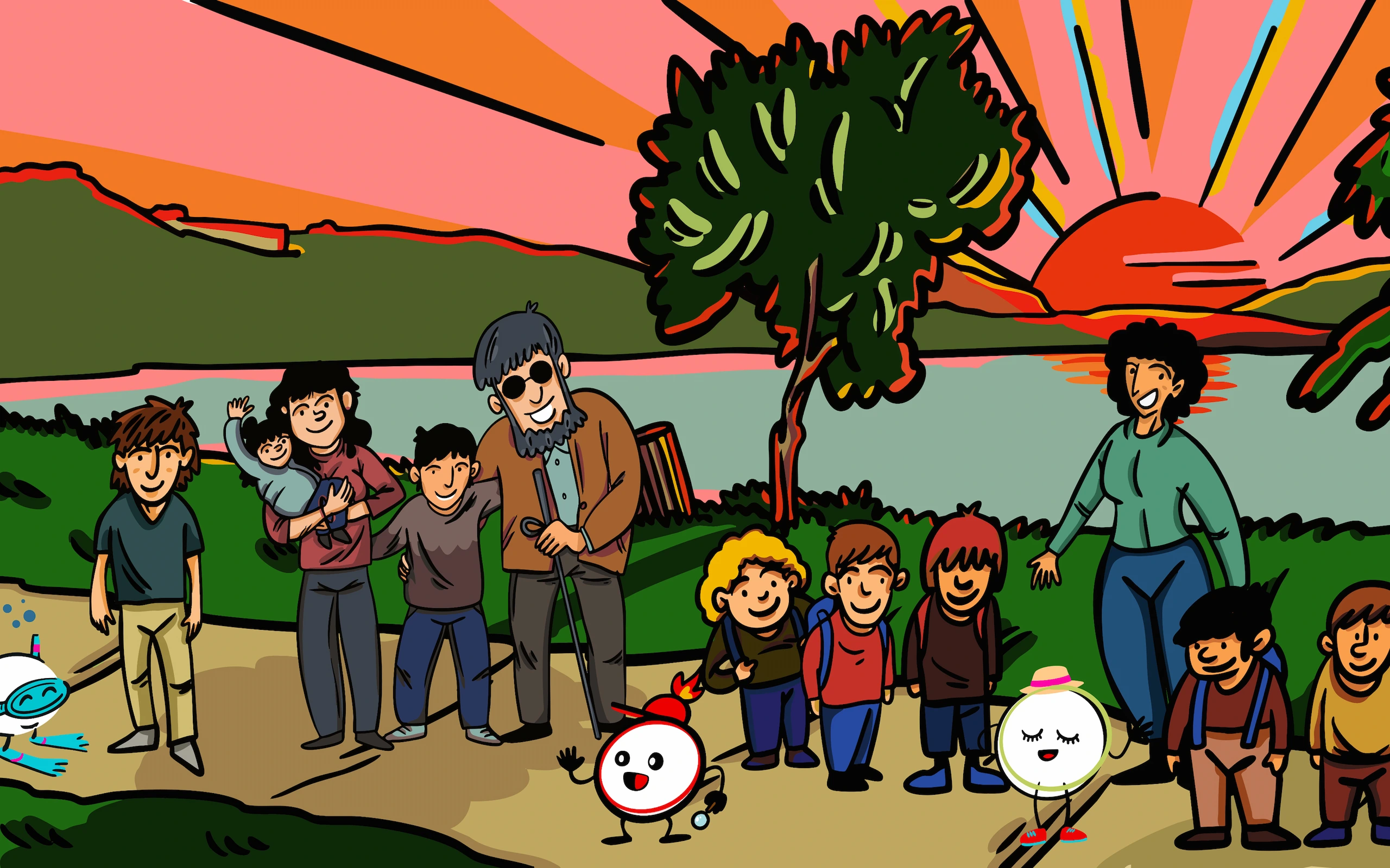 Tavola finale del fumetto Flegreasy per il Parco Archeologico dei Campi Flegrei: tutti i personaggi riuniti al tramonto sul golfo con le tre mascotte Acqua, Fuoco e Terra