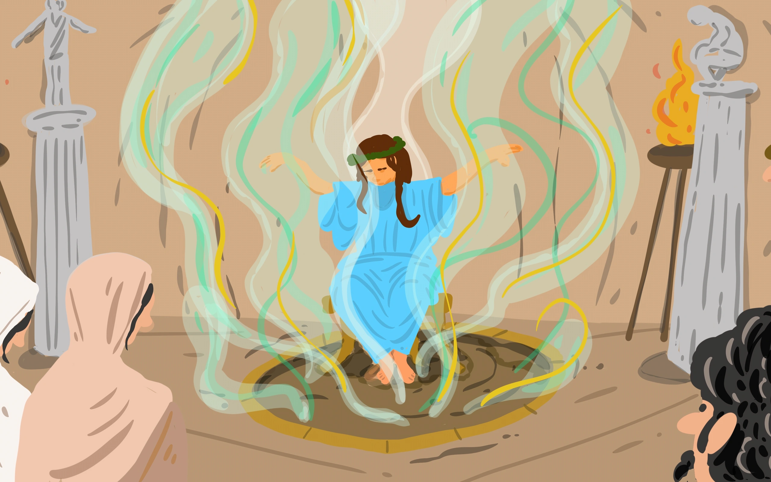 Illustrazione per la video-guida del MARC di Reggio Calabria: una sacerdotessa in veste azzurra e corona d’alloro siede sopra una fenditura da cui salgono i vapori, osservata dai fedeli tra le colonne del santuario