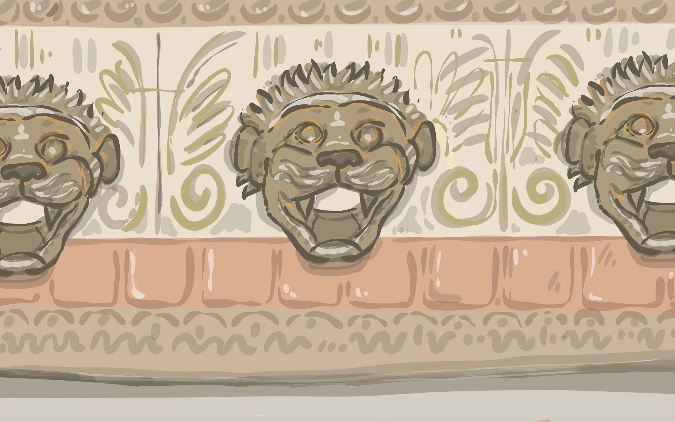 Illustrazione per la video-guida del MARC di Reggio Calabria: un fregio di tempio con protomi leonine alternate a palmette e girali