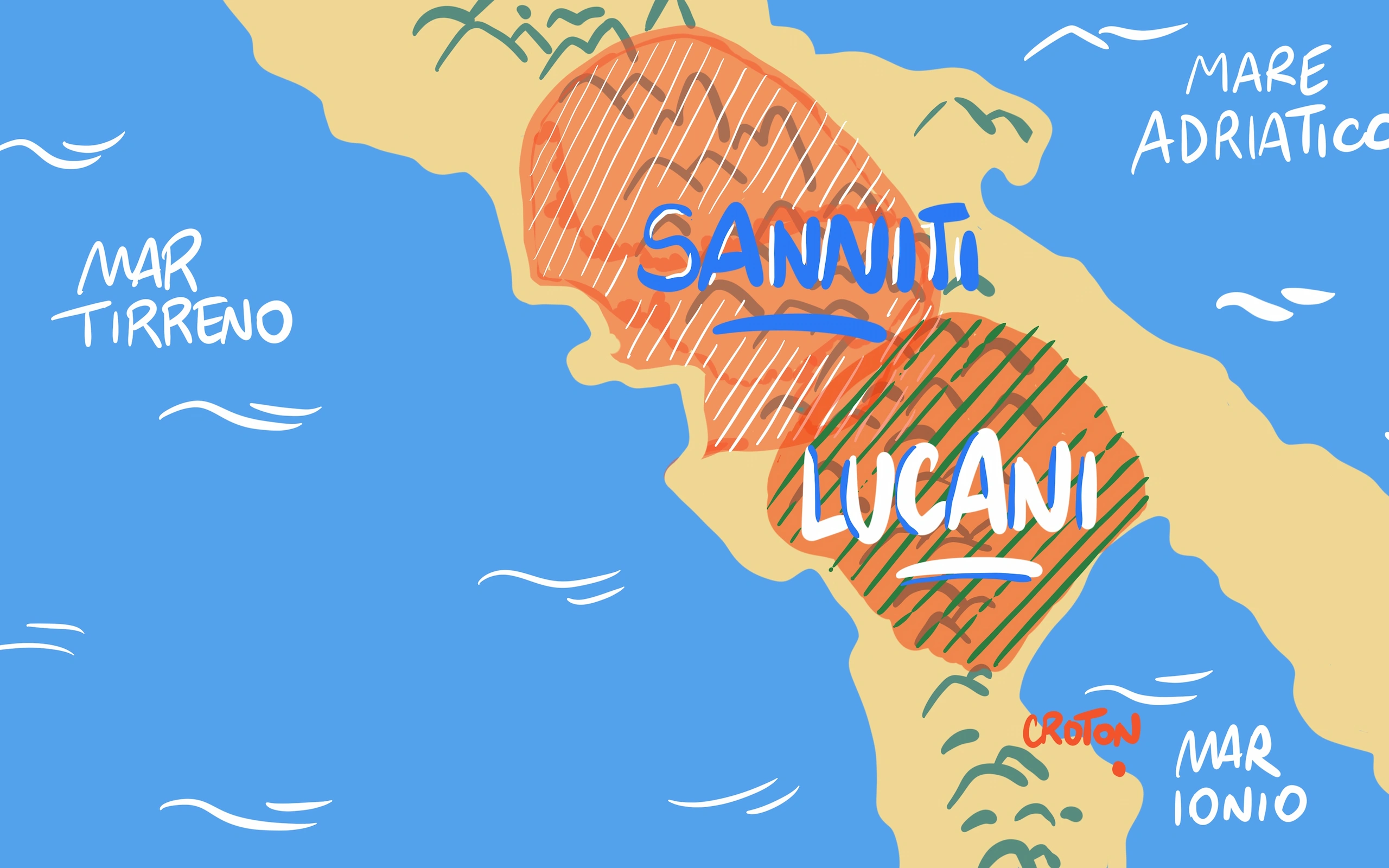 Illustrazione per la video-guida del MARC di Reggio Calabria: mappa illustrata del Sud Italia con i territori dei Sanniti e dei Lucani, i mari Tirreno, Adriatico e Ionio e Croton segnata in rosso
