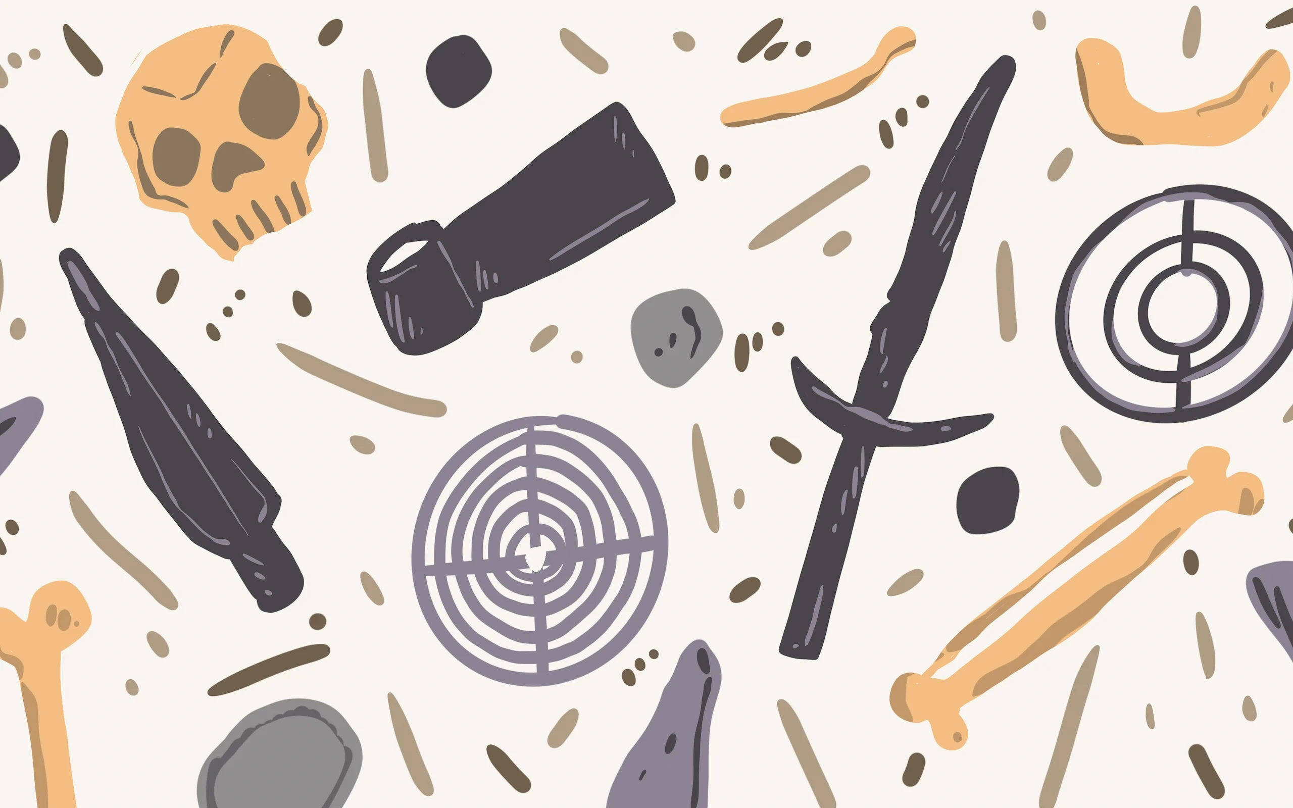 Illustrazione di reperti archeologici per il MARC di Reggio Calabria: cranio, ossa, punte di selce e incisioni a spirale