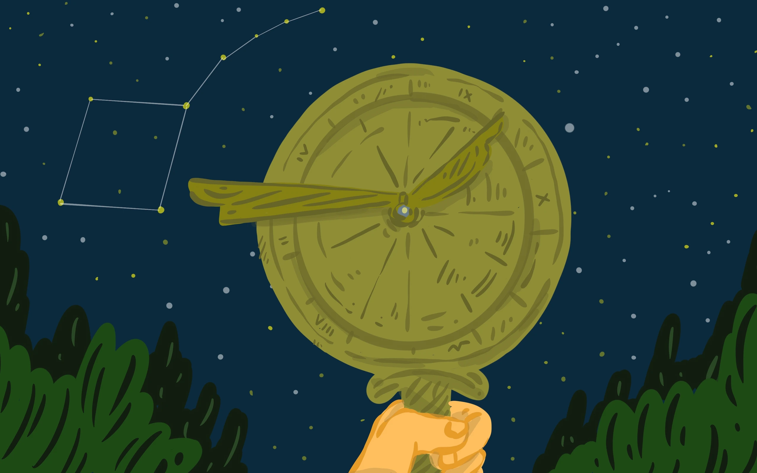 Illustrazione per la video-guida del Museo Galileo di Firenze: una mano regge verso il cielo stellato un notturlabio, il disco graduato con cui si legge l’ora dalle stelle, puntato sull’Orsa Maggiore