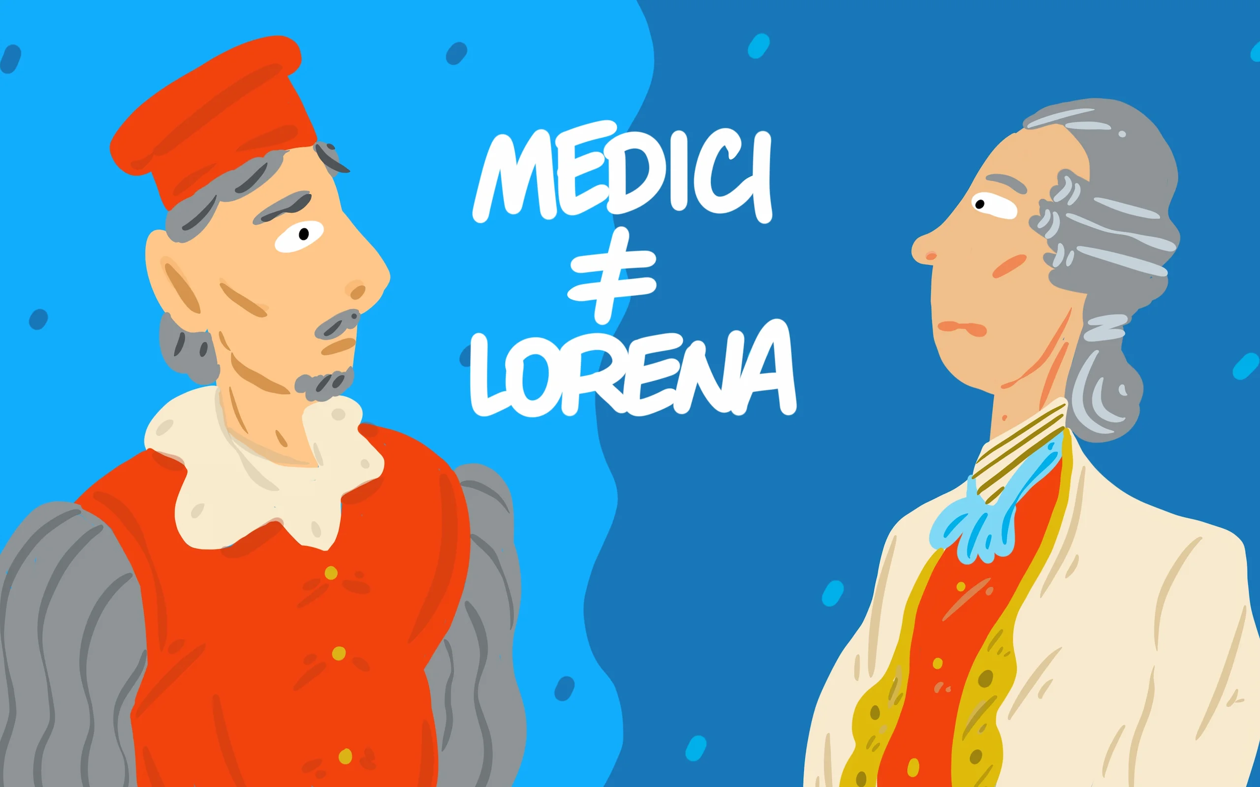 Illustrazione per la video-guida del Museo Galileo di Firenze: due ritratti a confronto sotto la scritta «Medici ≠ Lorena», un granduca in abito rosso con gorgiera e un Lorena in parrucca incipriata