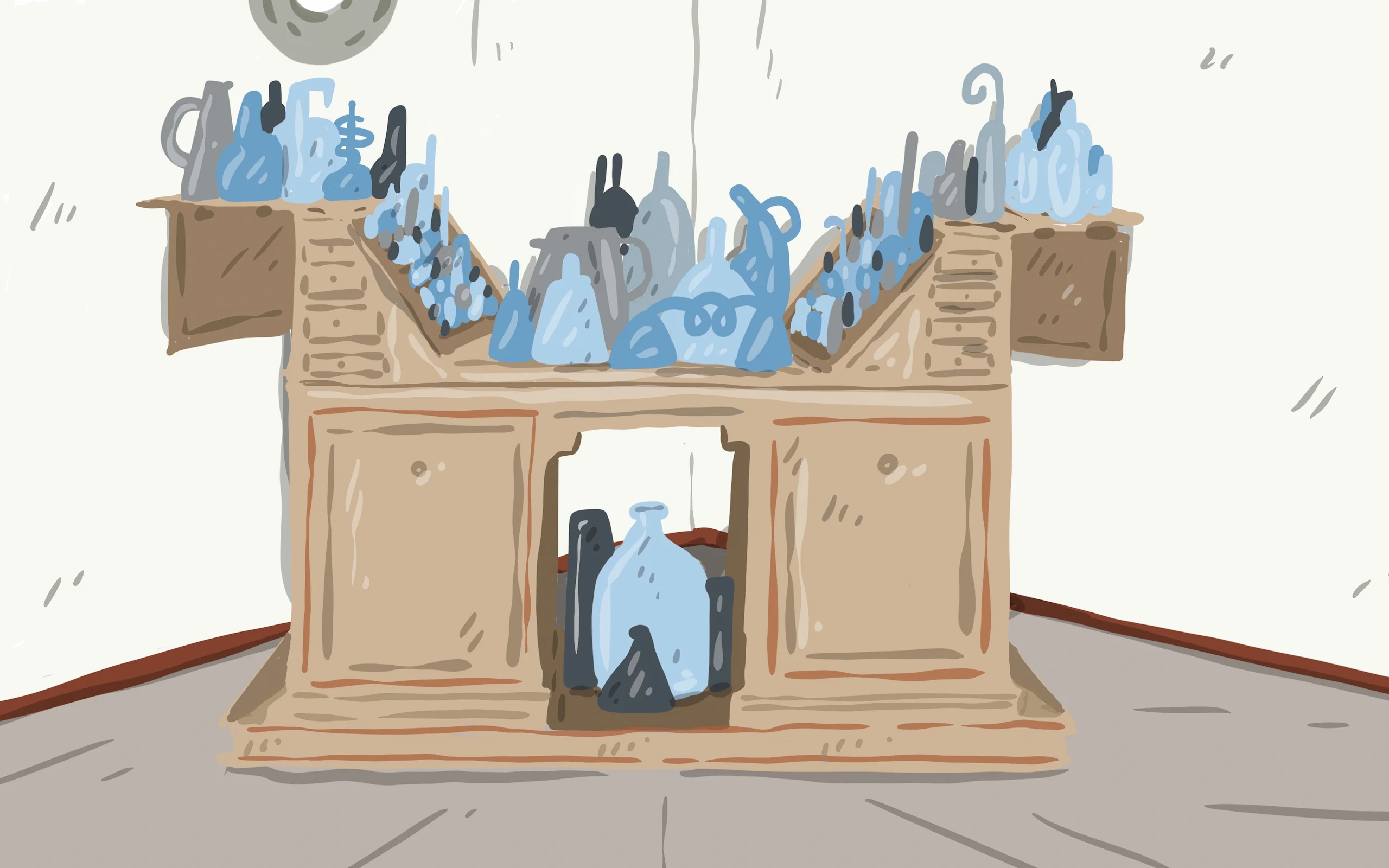 Illustrazione per la video-guida del Museo Galileo di Firenze: una credenza di legno carica di ampolle, bottiglie e vasi di vetro azzurrino, come in un’antica spezieria
